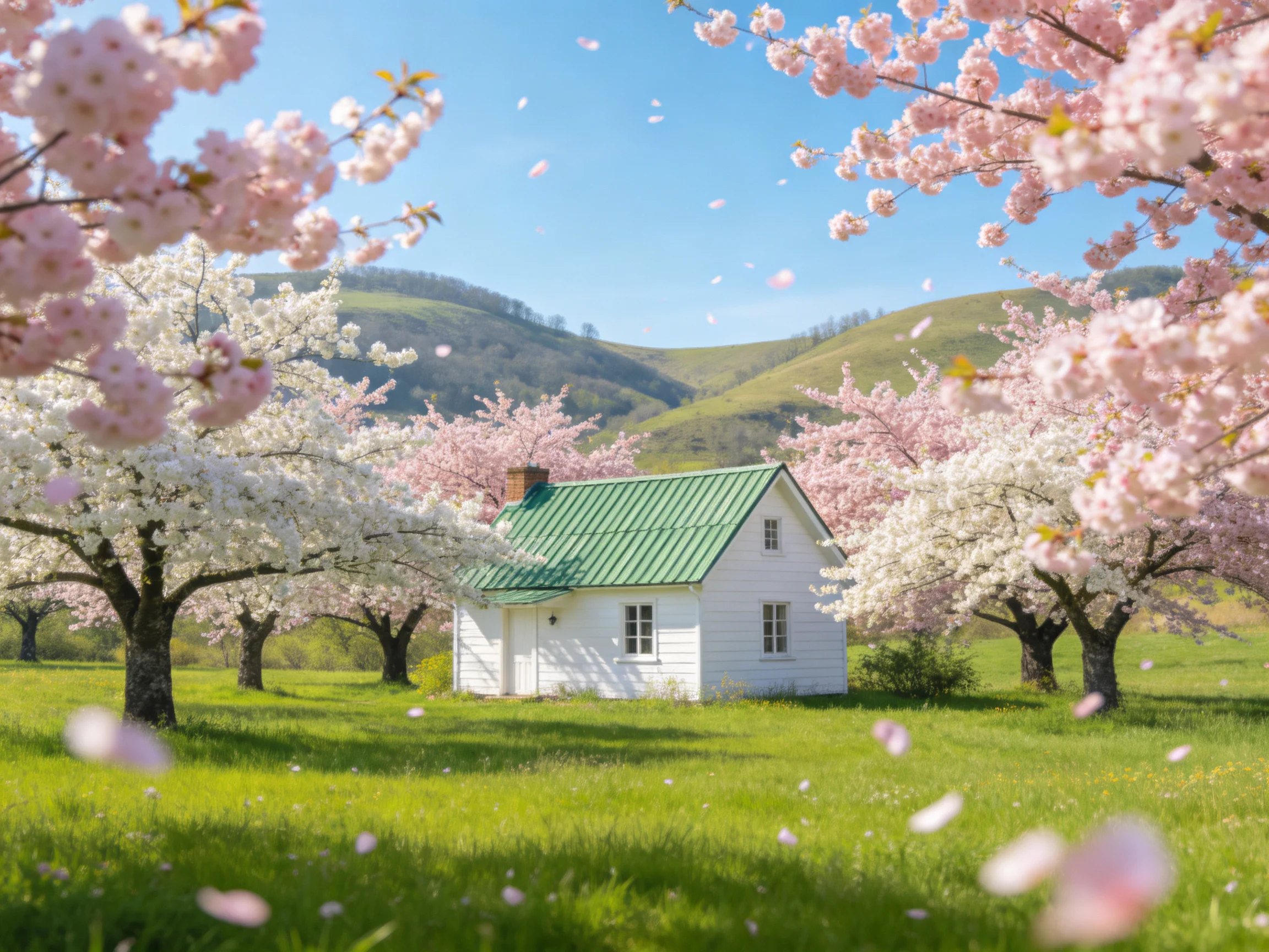 白色木质乡村住宅的绿色屋顶在阳光下闪闪发亮,周围盛开的樱花花瓣随风飘动。