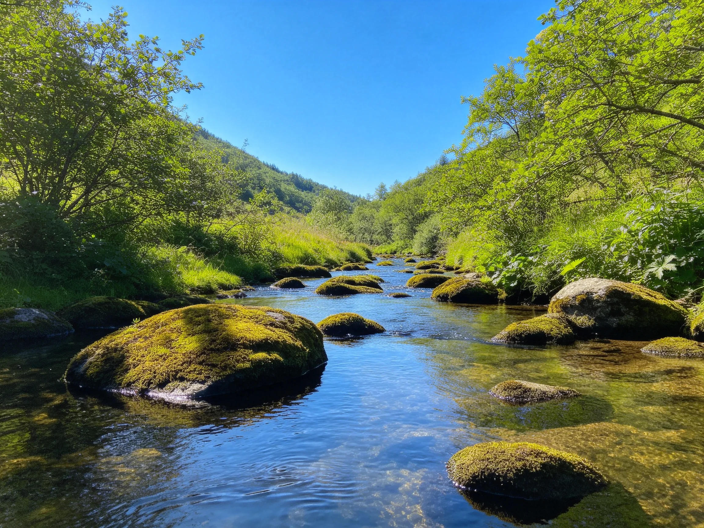 山间溪流里覆盖着青苔的石块在清澈水流中清晰可见，水面泛起细微涟漪。