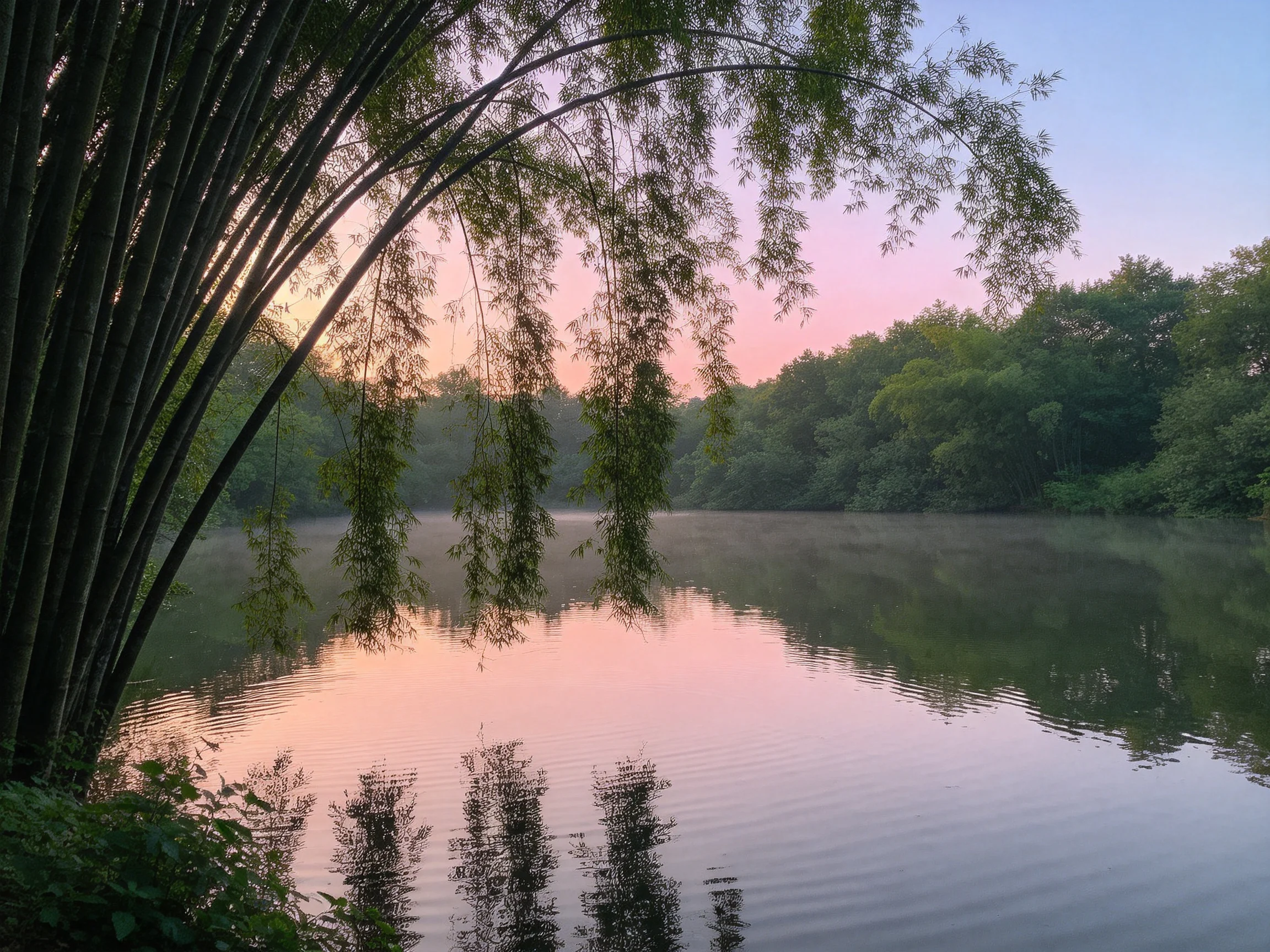 露天竹林水域晨光景观,竹枝低垂水面,水面呈现淡粉色天空倒影,竹叶纹理清晰可见。