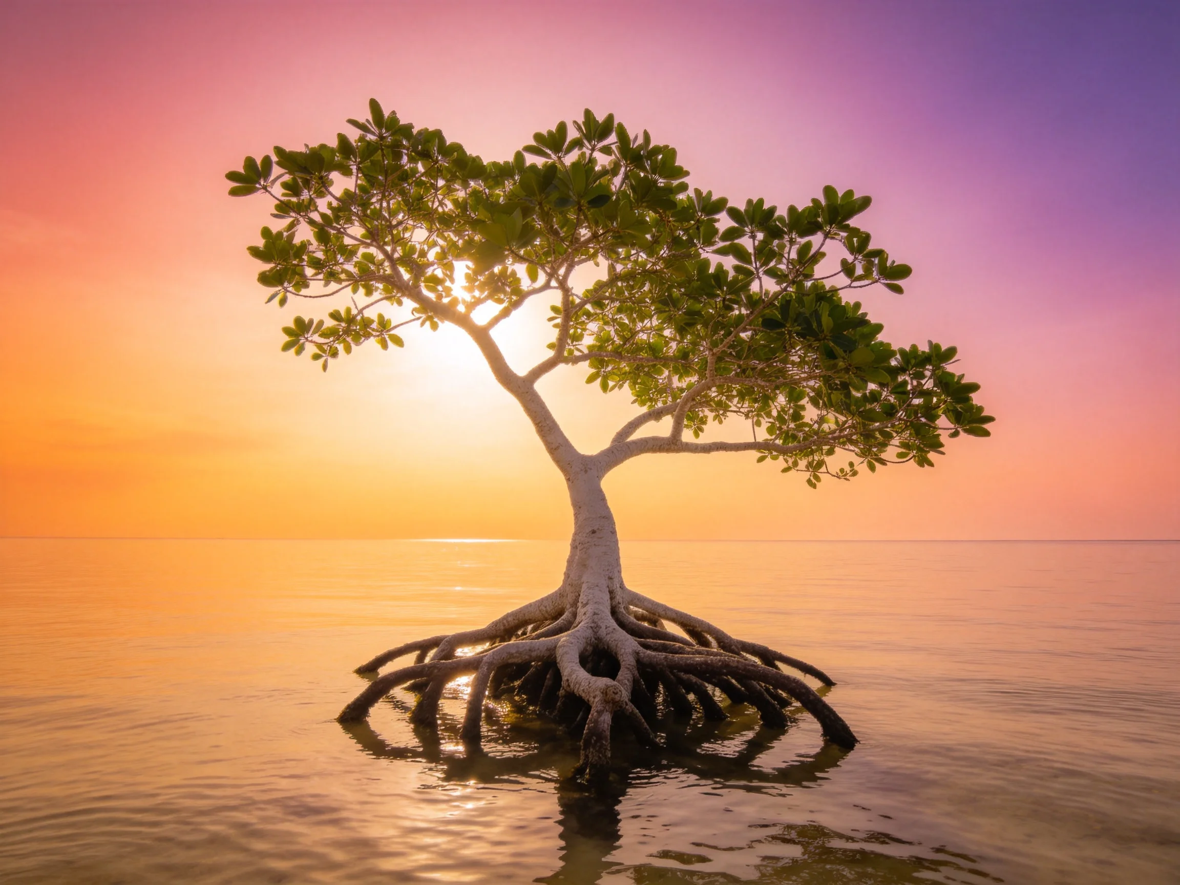 红树矗立在海水中，其发达的根系裸露在外，绿叶在夕阳下显得鲜亮。