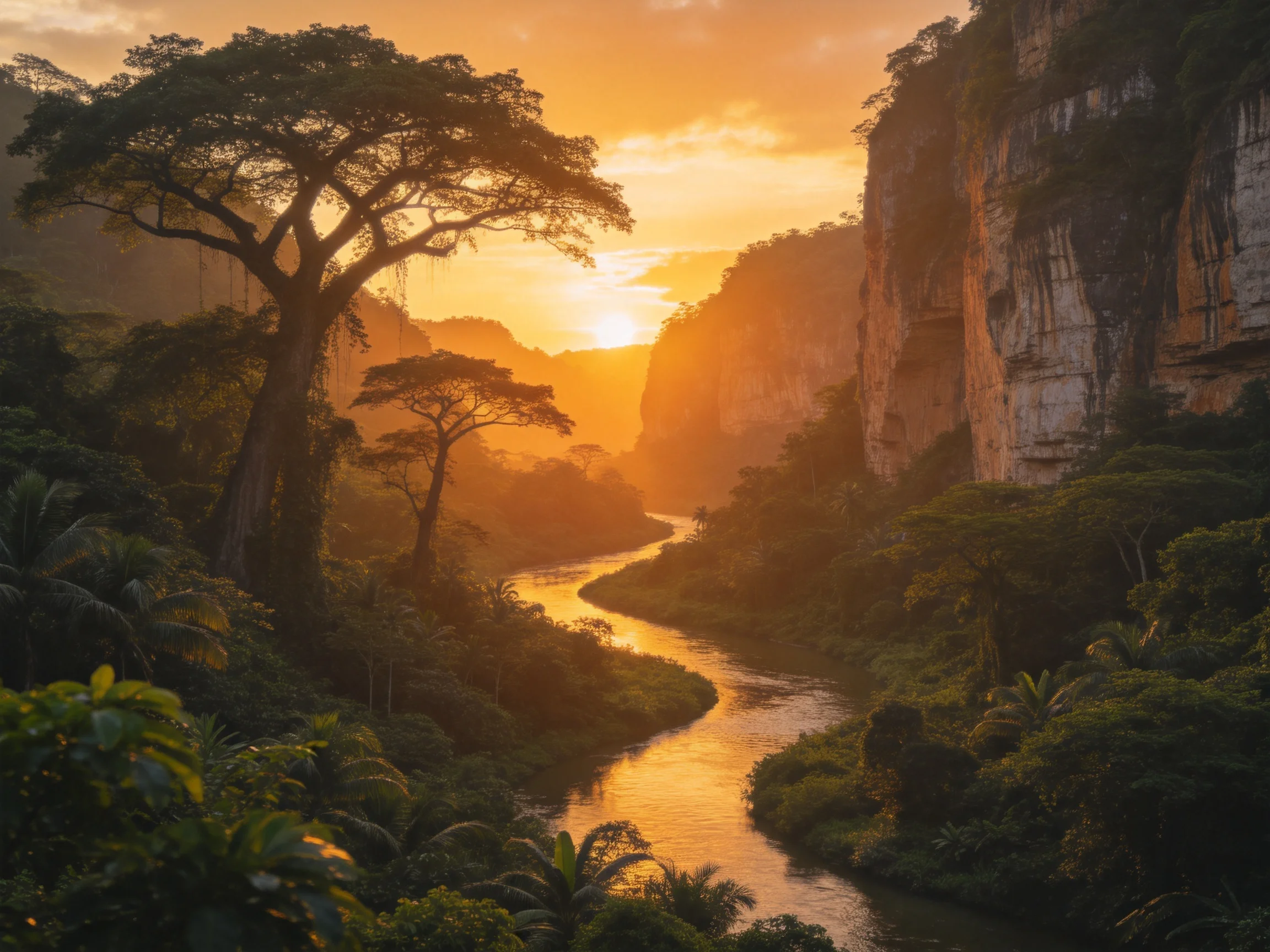 喀斯特峡谷风光,蜿蜒的河流穿过陡峭岩壁,夕阳下水面有金色反光,两岸是茂密的热带植被。