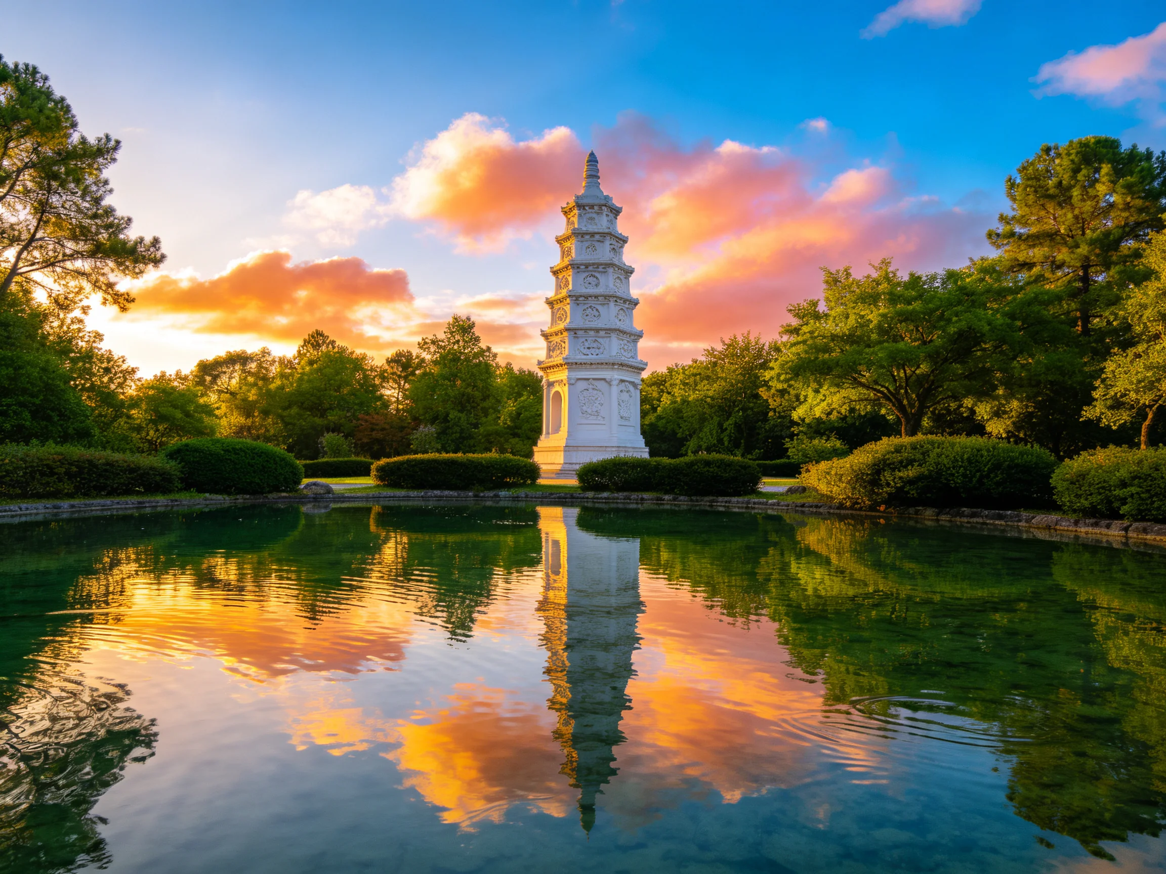 白色多层塔形建筑矗立在园林中,塔身有精美雕刻,前方水域清晰倒映着塔身和天空景色。