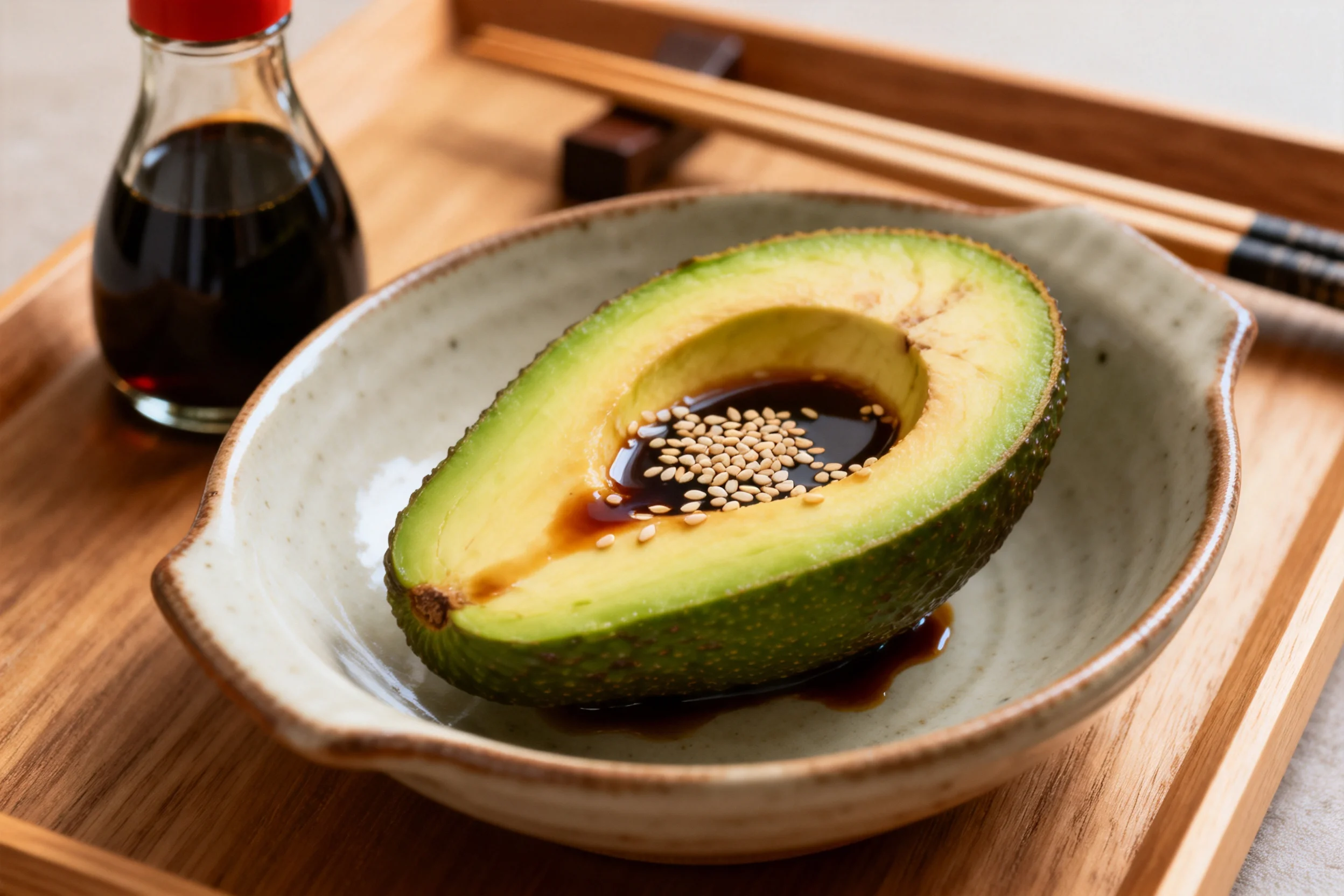 牛油果蘸料料理盛放在浅色陶瓷碗中，表面淋有深色酱油和白色芝麻，放置于木质托盘上。