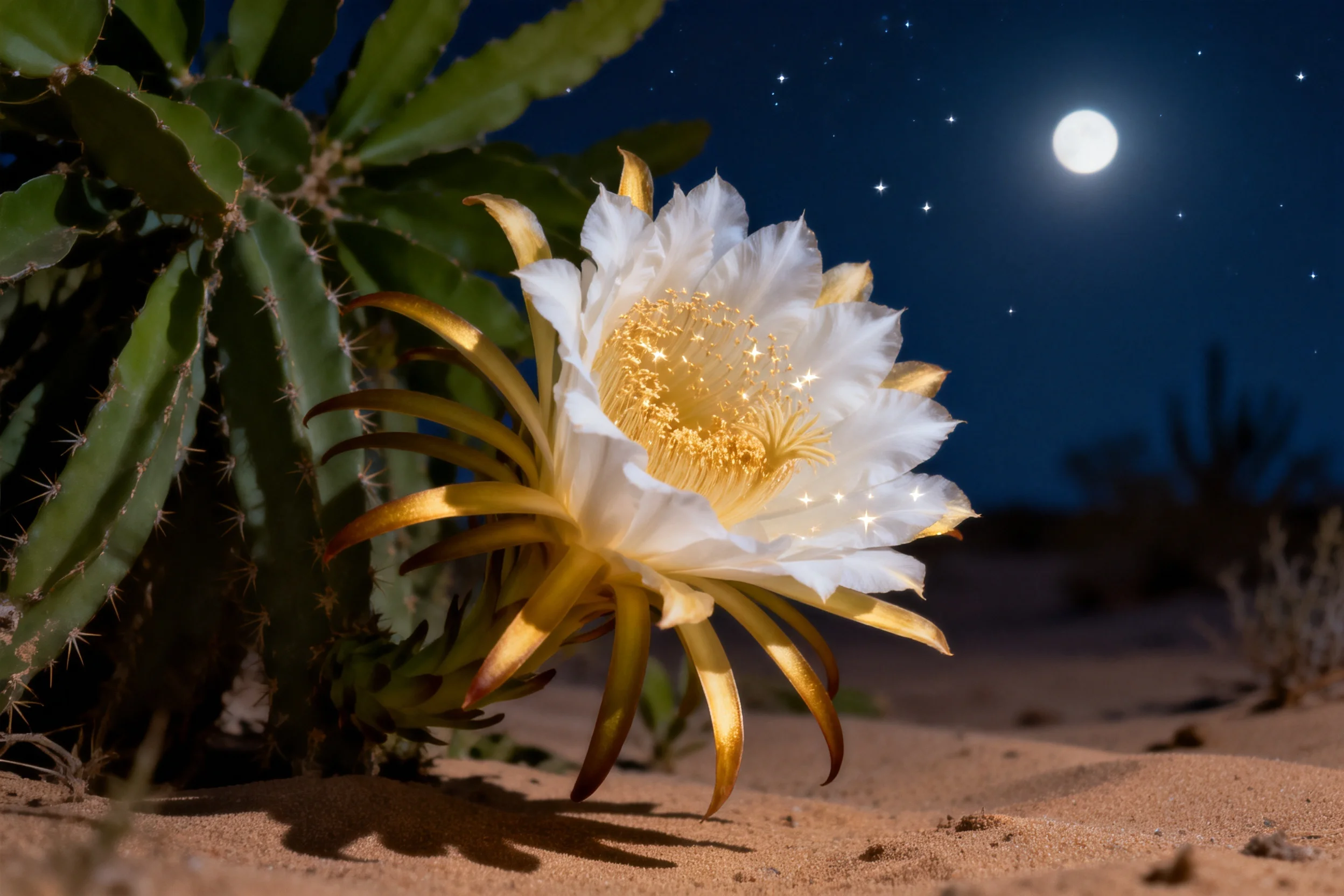 夜来香昙花在月夜下绽放,洁白花瓣边缘泛金黄,中心雄蕊清晰可见。