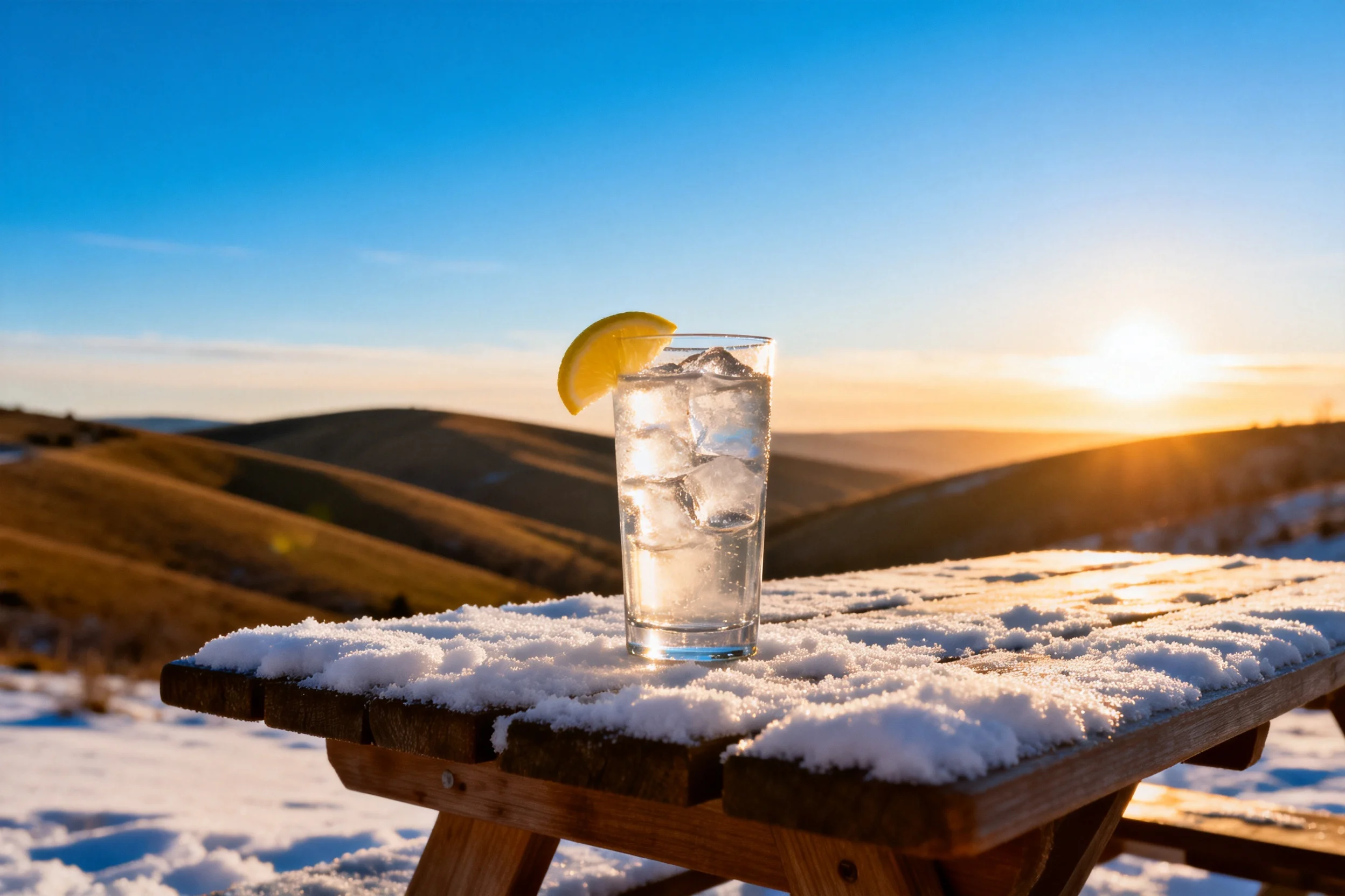 雪地野餐桌上的冰柠檬水,杯中有透明液体和冰块,杯沿装饰着黄色柠檬片。