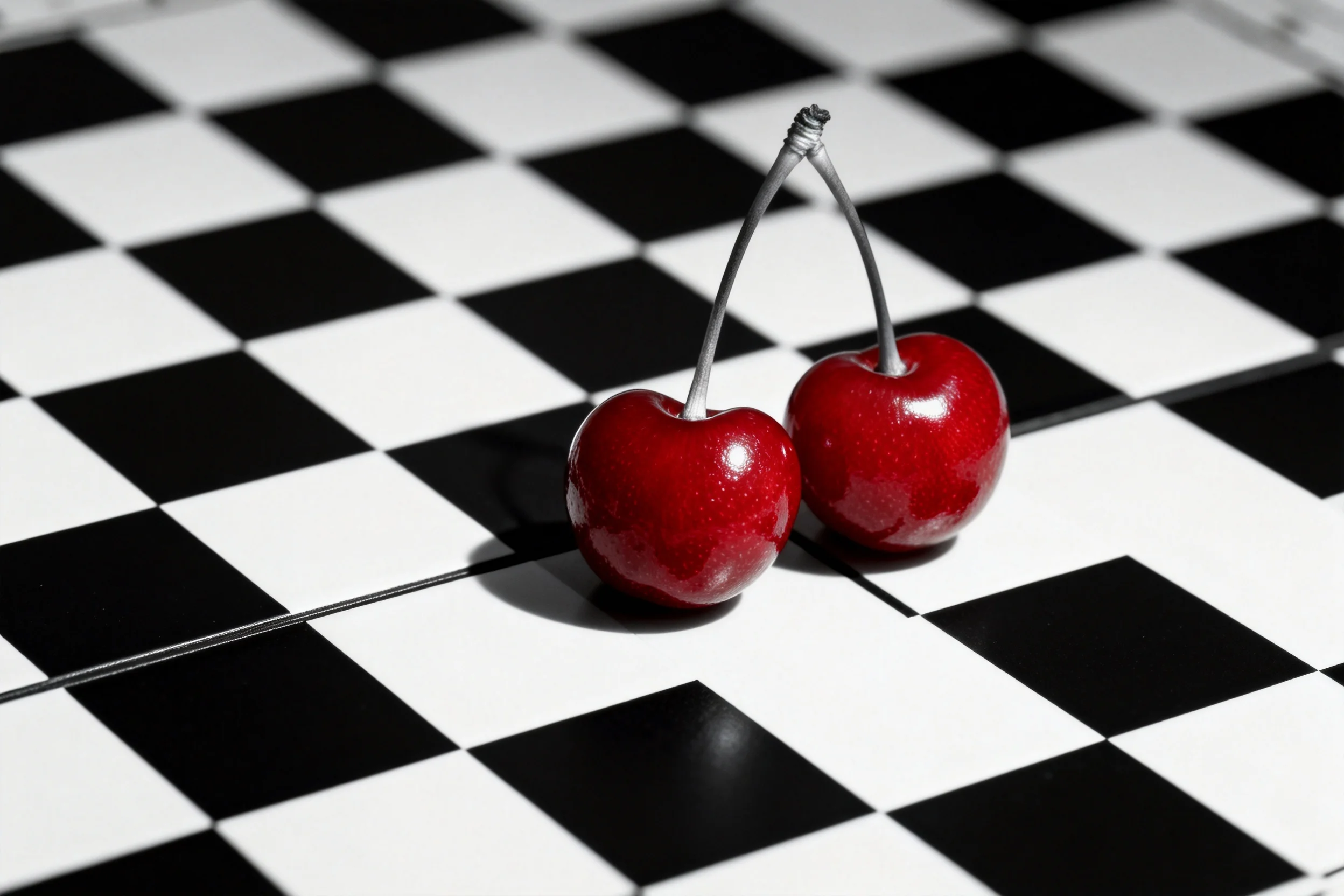 两颗鲜红色的樱桃连接在一起放置在黑白棋盘格表面上,表皮光滑有光泽。