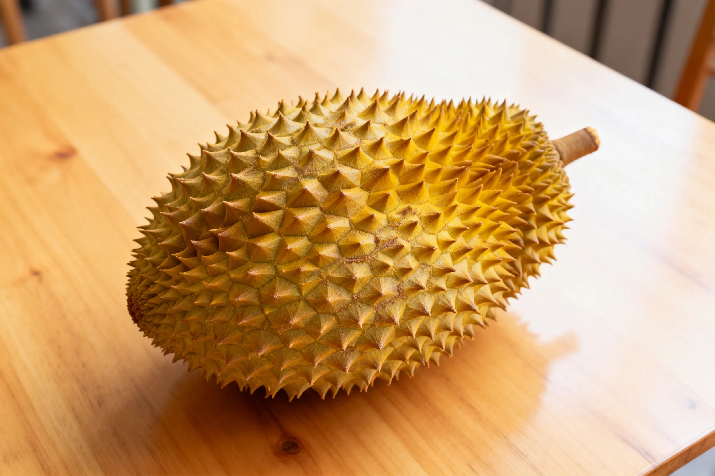 黄褐色的成熟榴莲带有密集尖锐刺突,放置于浅色木质桌面上。
