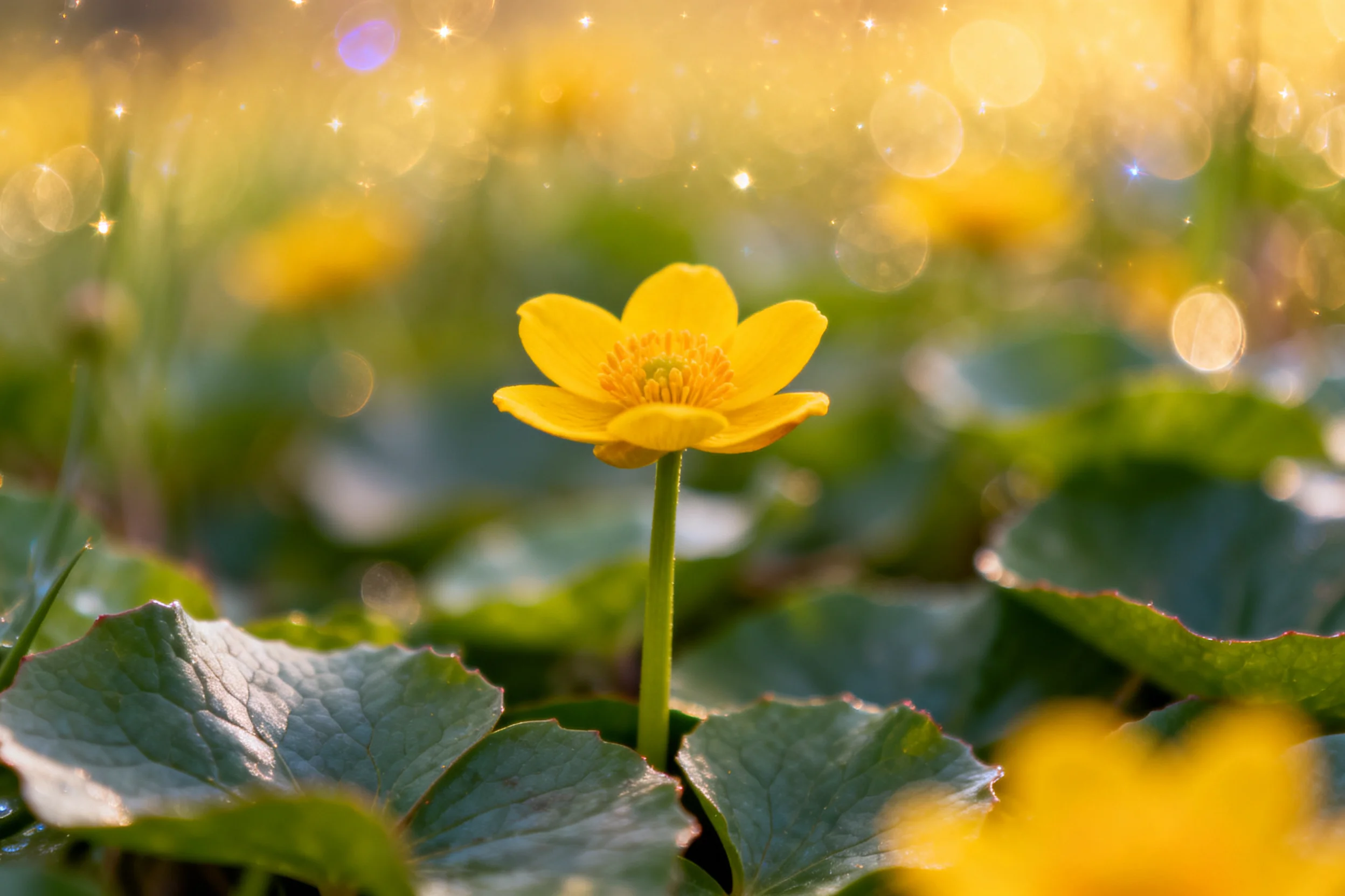 金莲花的花瓣呈明亮的黄色,花瓣边缘圆润,花茎细长,叶片宽大呈圆形且带有光泽感。