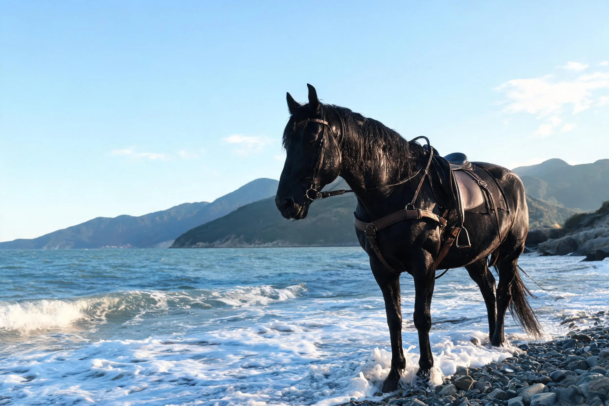 一匹装备齐全的黑骏马站在海滩沙滩上,皮毛湿润贴在身体表面,装备齐全。
