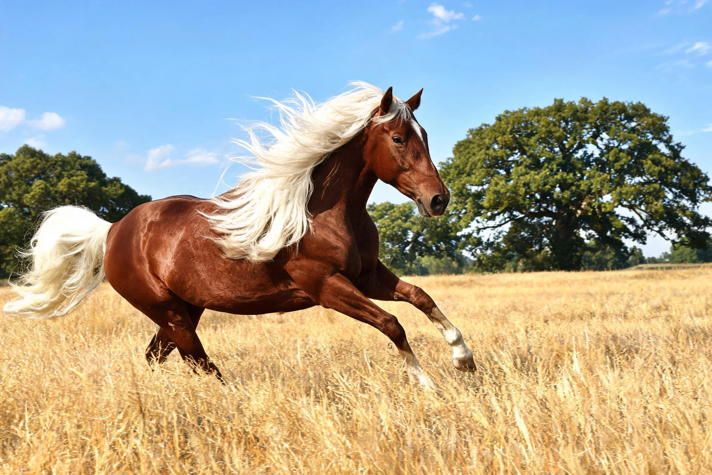 一匹棕色的阿拉伯马在金色草地上奔跑,白色鬃毛随风飘扬。