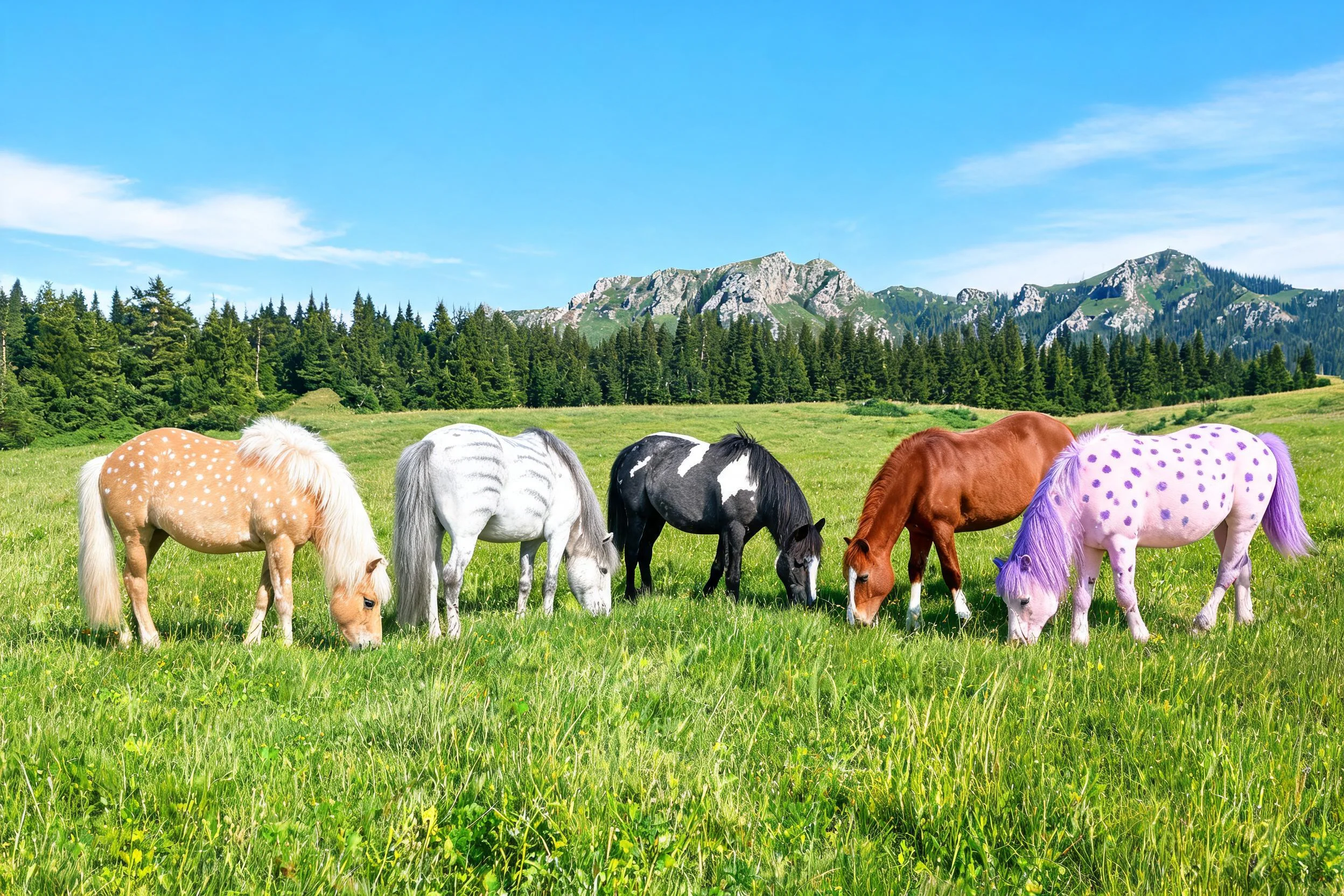 五只矮种马低头吃草,其中一匹粉紫色带紫色斑点,毛发湿润贴在前额。