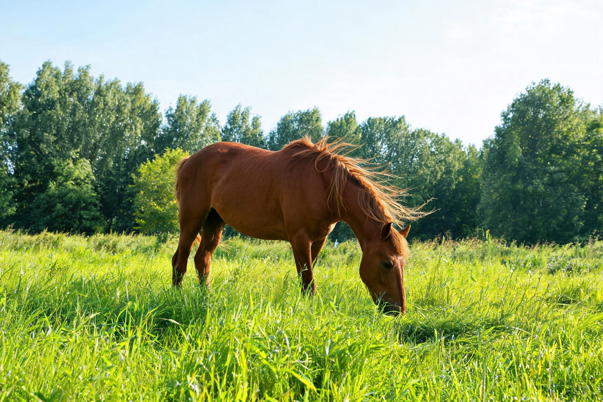 图中是一匹棕色挽马低头吃草,其栗色皮毛光滑,鬃毛随风轻扬。