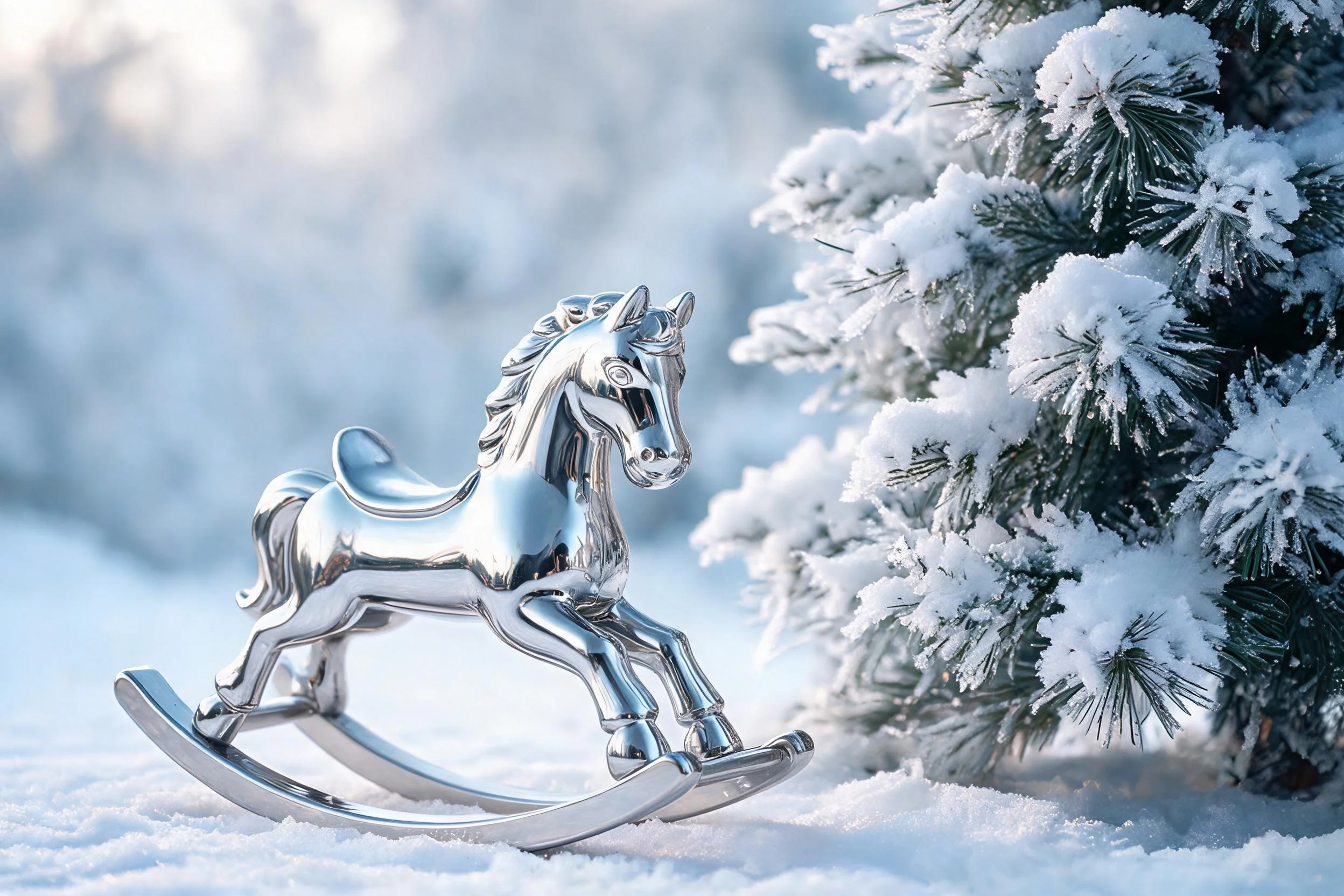 一只表面光滑有金属光泽的银制摇马放置在雪地上,旁边是积雪覆盖的常青树。