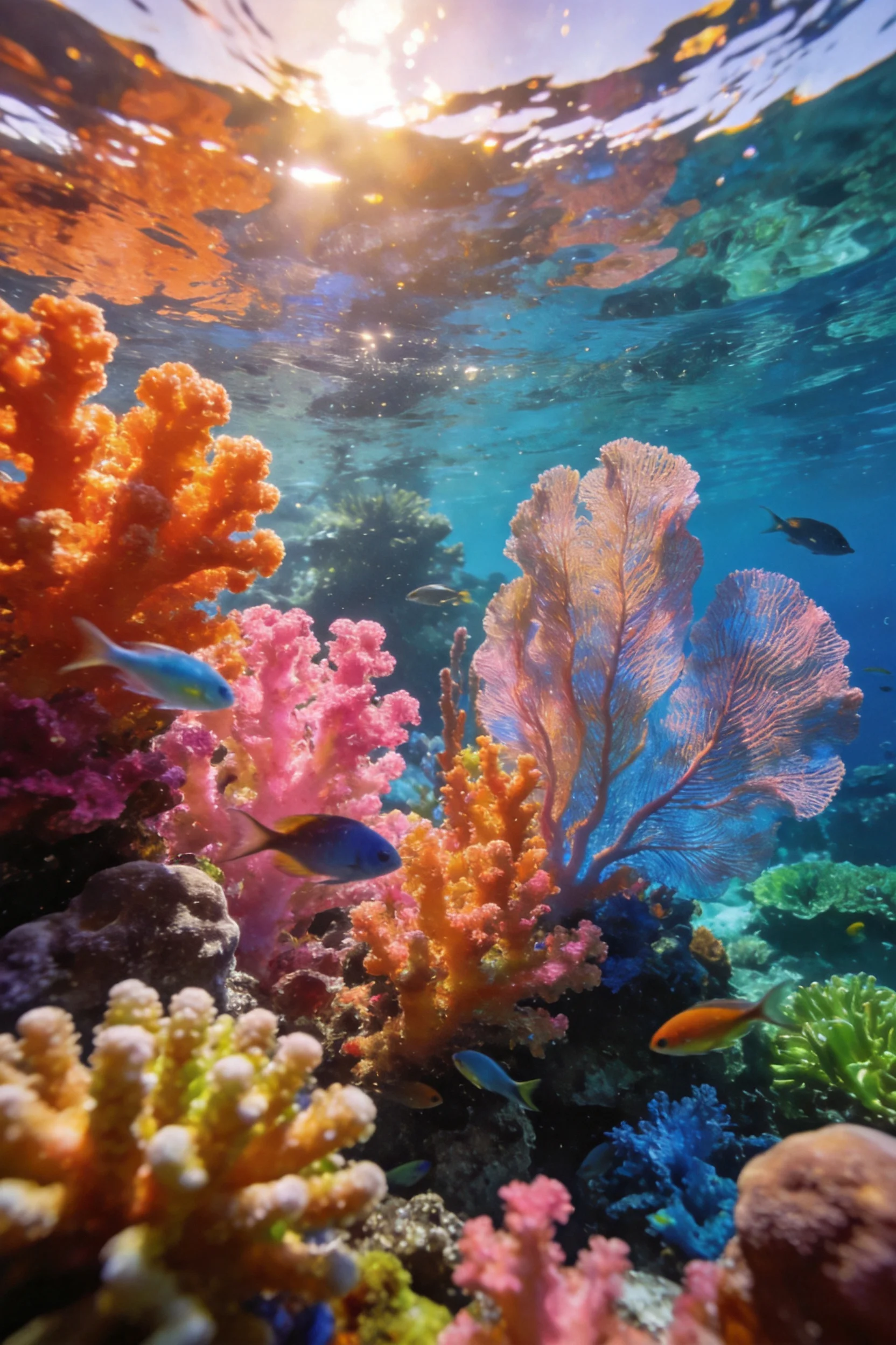 彩色珊瑚礁与热带鱼在清澈海水中共存,橙色珊瑚旁游动着蓝黄色热带鱼。