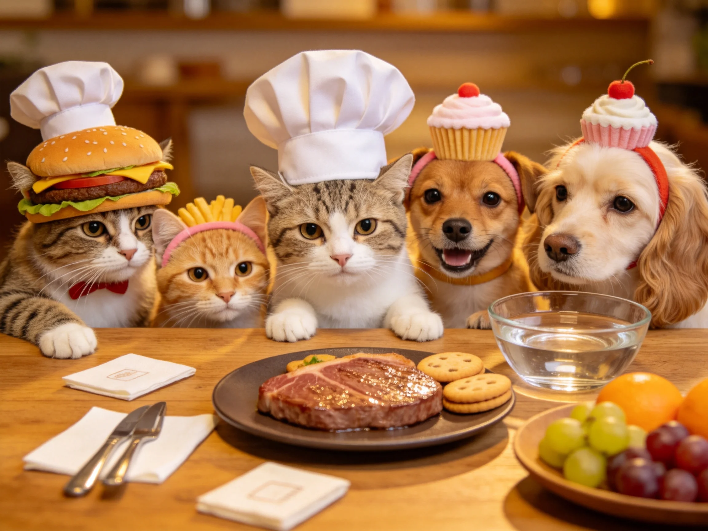 两只短毛家猫和三只小型犬种围坐餐桌旁,短毛家猫的毛发柔软蓬松,小型犬种的眼神明亮清澈。