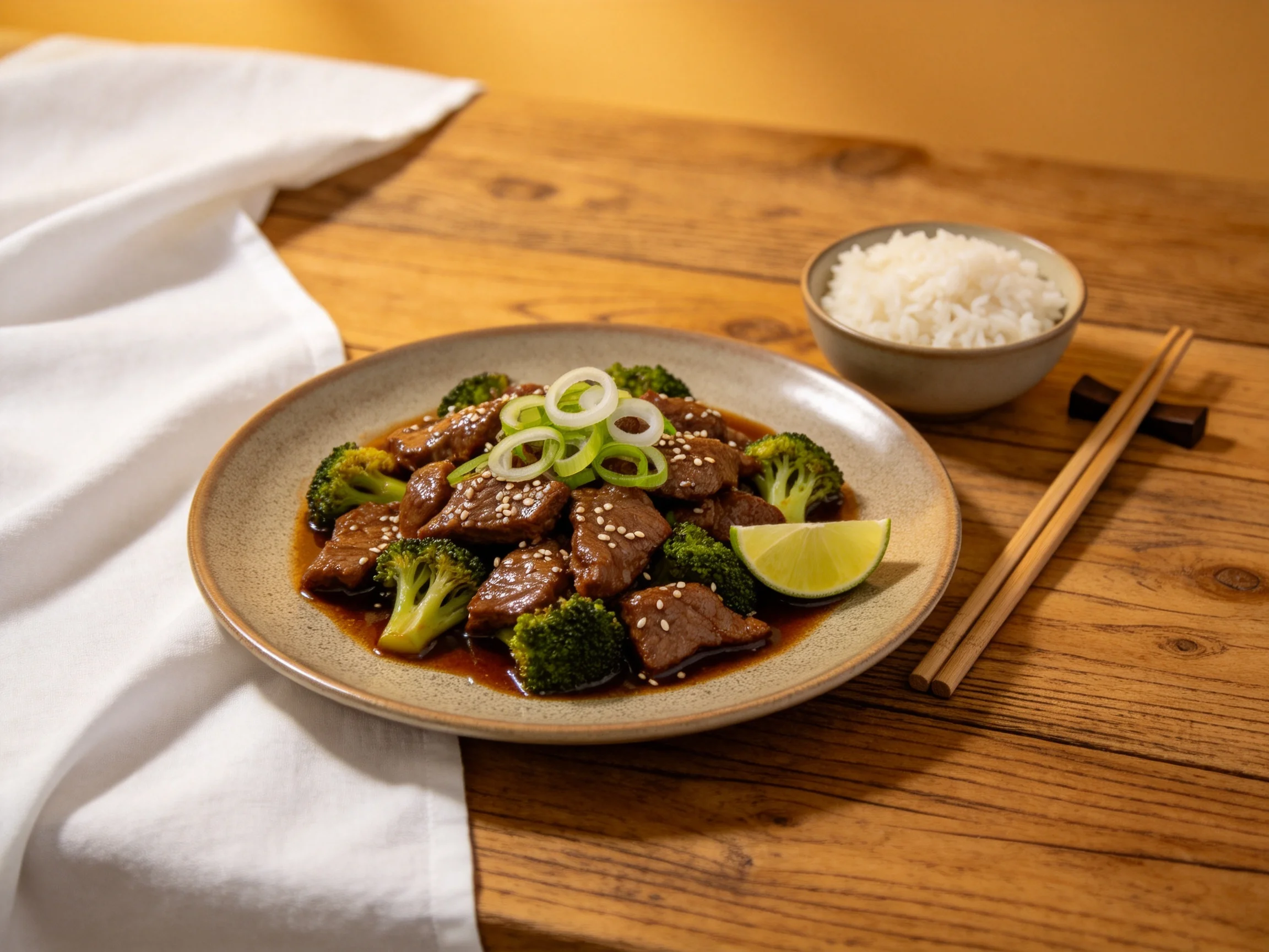 牛肉西兰花炒菜色泽红亮,牛肉块纹理清晰,旁边配有白米饭和青柠装饰,整体摆放在木质桌面上。