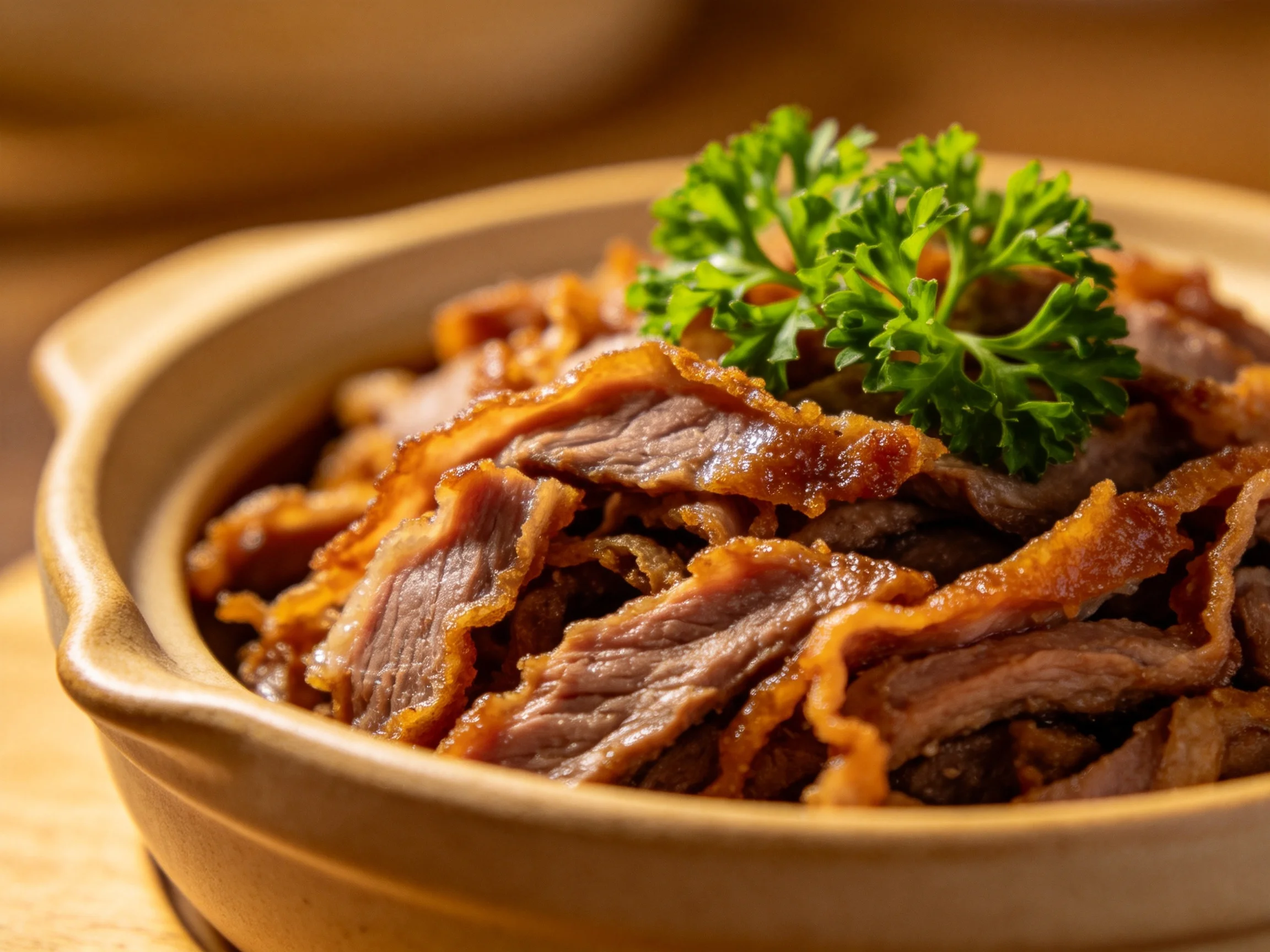 酱烧肉片盛于陶碗中,肉片色泽红亮,表面裹有均匀酱汁,顶部点缀绿色欧芹。