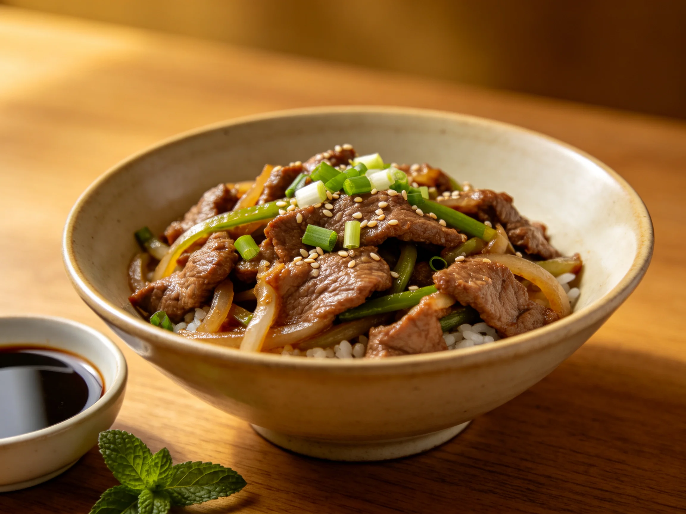 牛肉饭盛放在浅色陶瓷碗中,牛肉色泽棕红,芝麻点缀其上,旁边配有蘸料小碟。