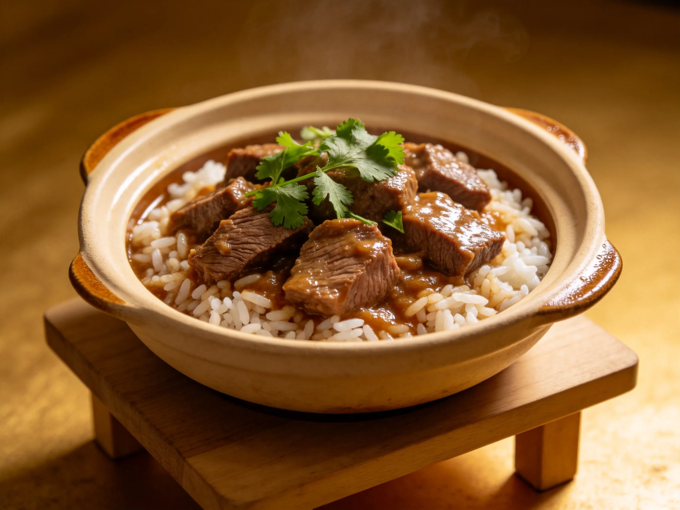 香嫩砂锅炖牛肉盖饭特写，牛肉色泽红亮，肉质软烂，裹挟着浓郁酱汁，铺于白米饭上，顶部有新鲜香菜点缀。