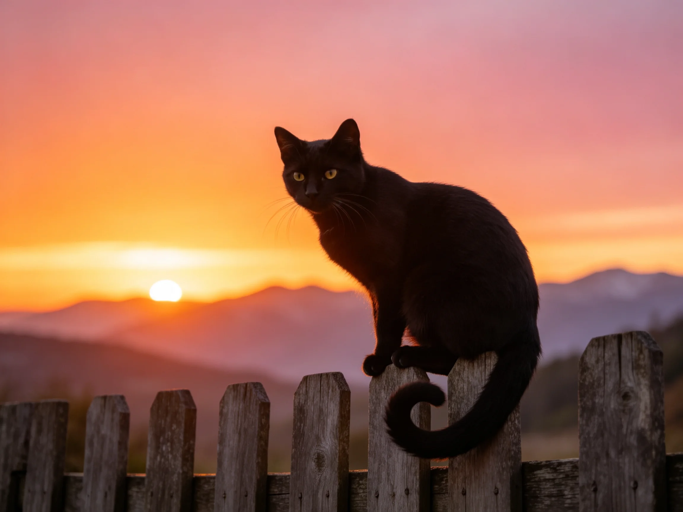 短毛家猫的黑色皮毛在夕阳下显得格外光滑,它警觉地注视着远方。
