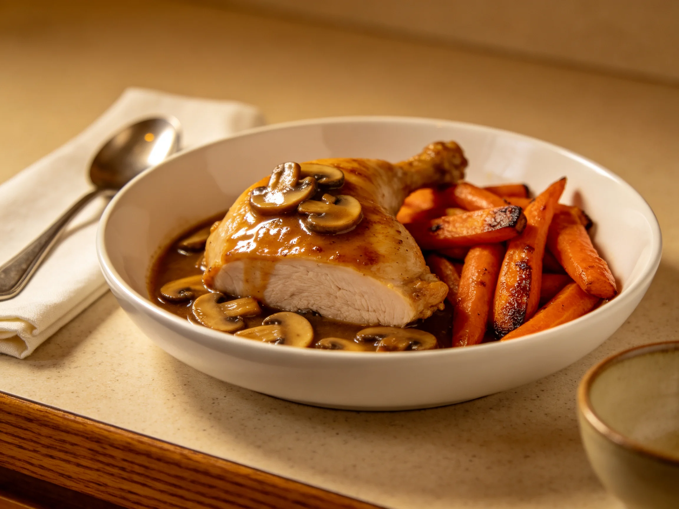 香菇酱烤鸡配烤胡萝卜,鸡肉切面饱满,蘑菇酱色泽浓郁。
