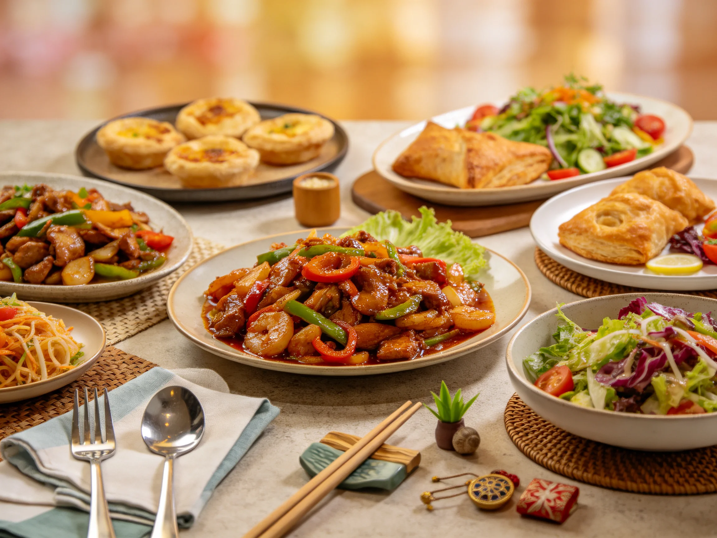 中央的彩椒炒肉色泽红亮,盘中彩椒鲜嫩,肉块饱满,呈现出诱人的视觉效果。