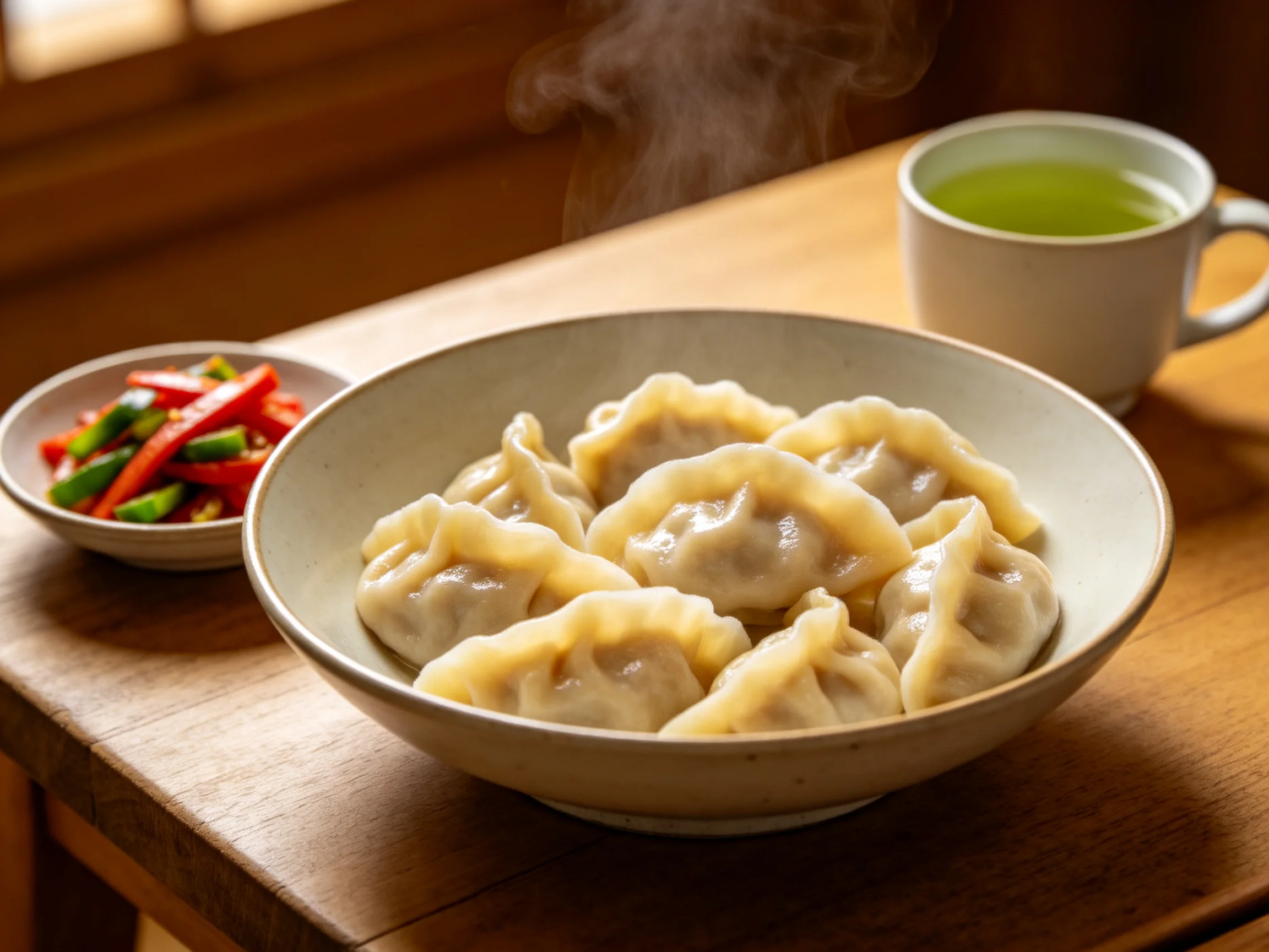 浅色瓷碗中盛放着一碗有着饱满褶皱的蒸饺,乳白色面皮在暖光下显得格外诱人。