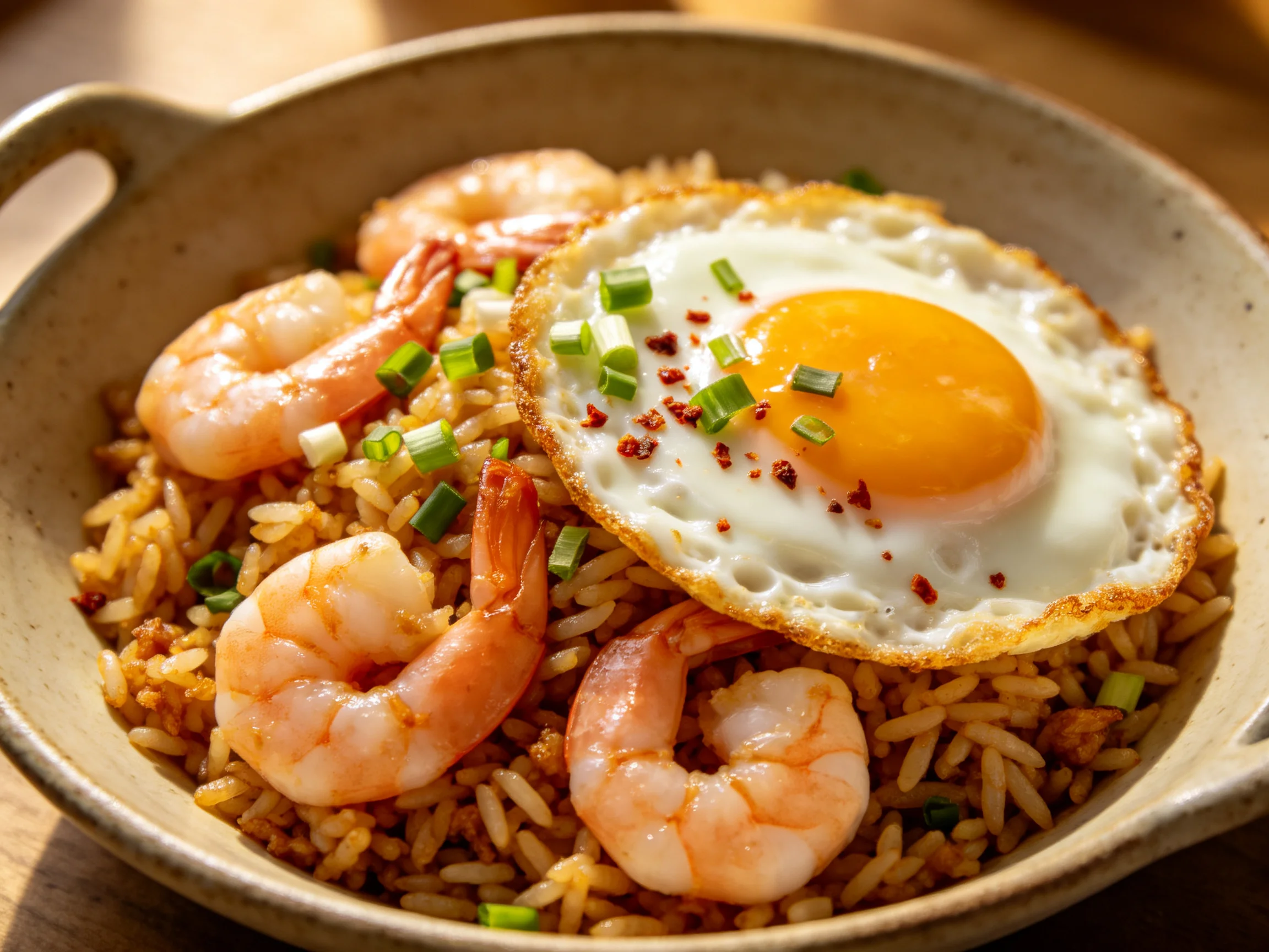 鲜虾煎蛋炒饭上金黄的煎蛋与粉红色的虾仁搭配,炒饭色泽诱人。
