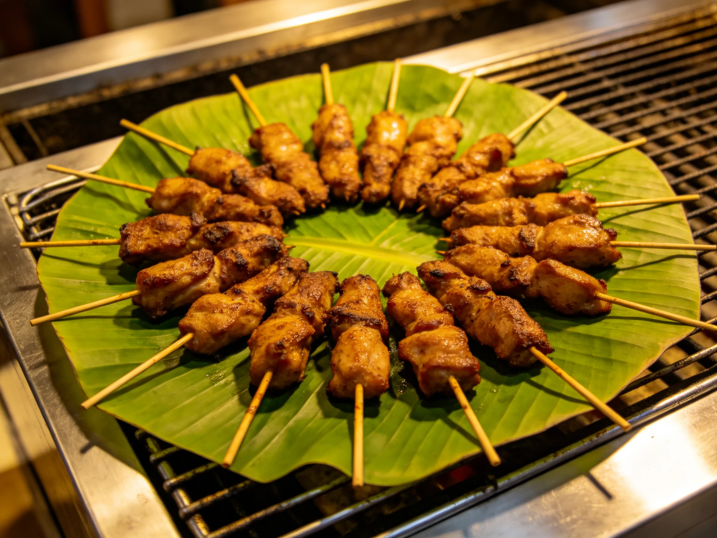 烧烤摊上的肉串呈半圆形排列在芭蕉叶上,金黄油亮的肉块表面有明显的烤痕,竹签均匀分布。