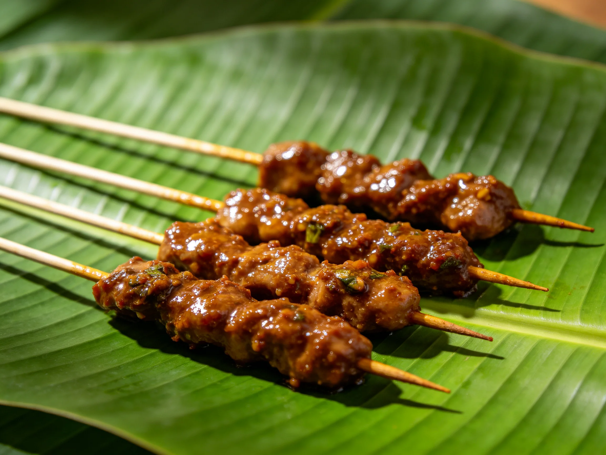 东南亚风味肉串插在木签上，放置在绿色芭蕉叶上，肉块裹有红亮酱汁，表面有绿色香草点缀。