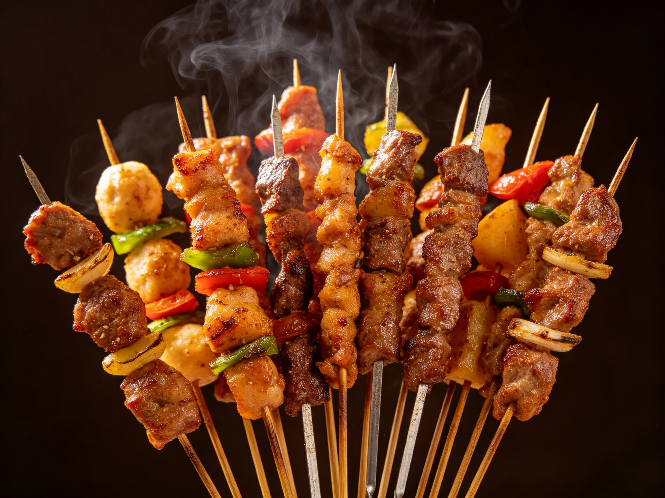 烤串陈列在黑色背景前,多种食材搭配,肉块金黄焦香,彩椒红绿相间,表面有烤制纹理。