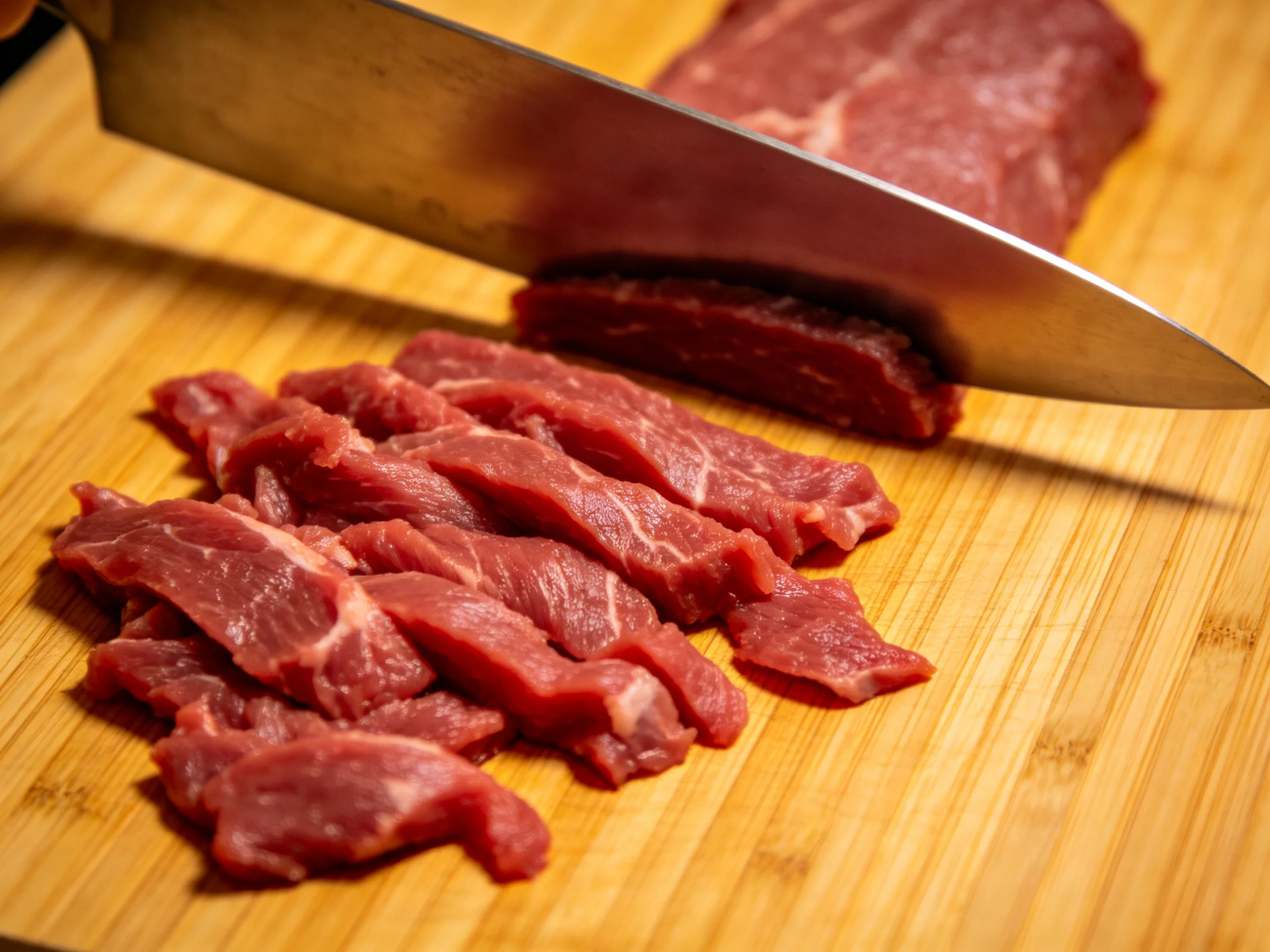 切牛肉片呈现出鲜红色泽,肉质纹理清晰,被放置在竹制砧板上。