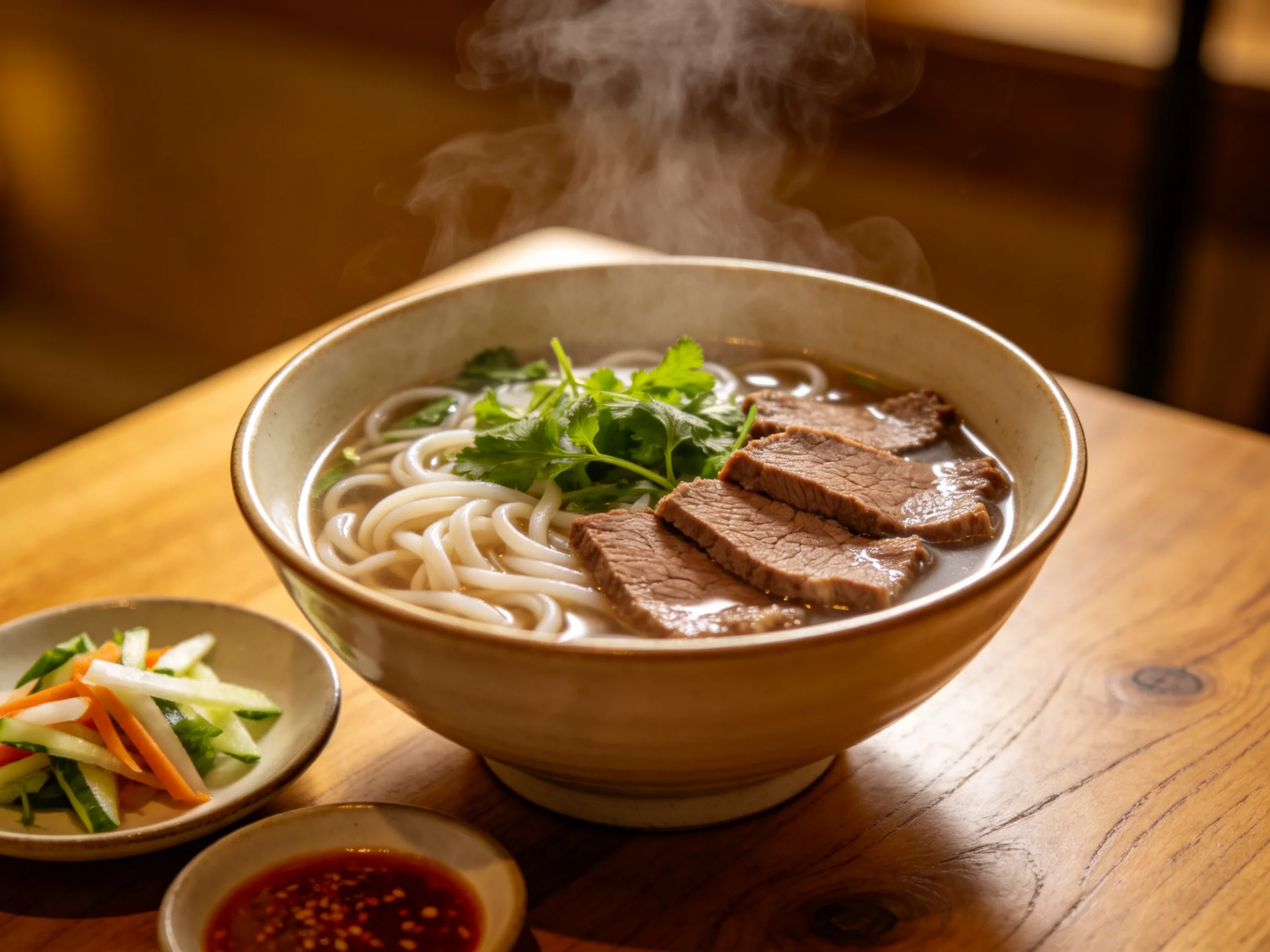 牛腩面盛放在浅棕色碗中,牛肉切片红润,面条洁白,汤面升起的蒸汽显示其温度较高。