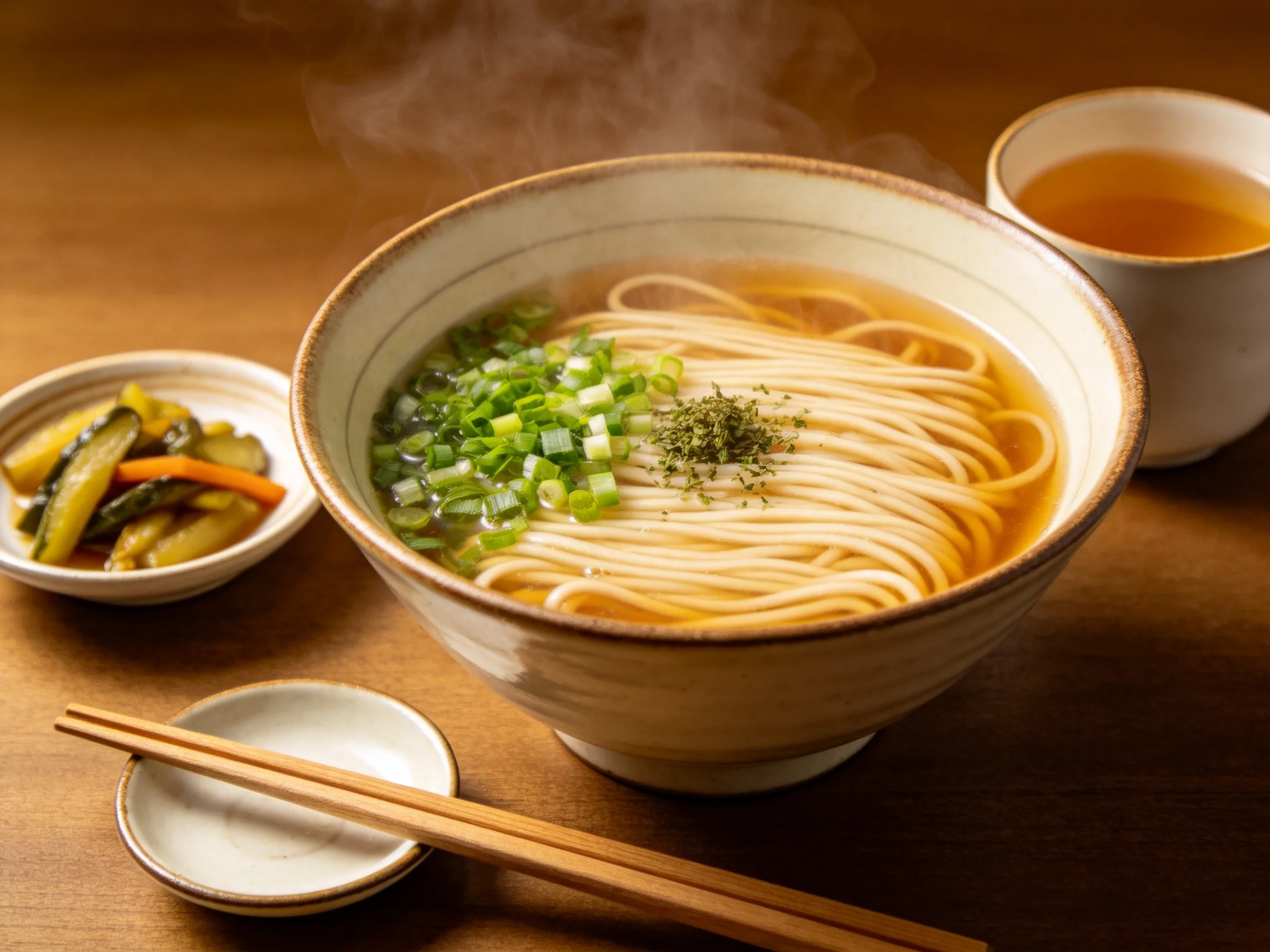 热汤乌冬面盛放在浅色陶瓷碗中,面条呈乳白色,表面有温润光泽,碗中撒有葱花和调味料。