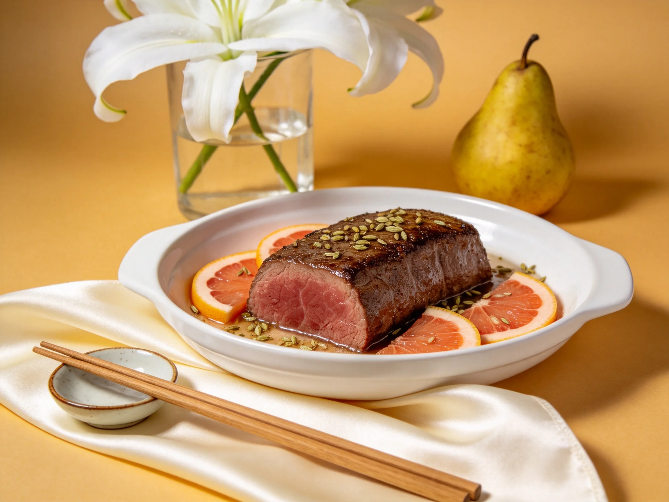 烤肉配葡萄柚美食展示,烤肉表面撒有种子,周围摆放着新鲜葡萄柚切片,呈现精致美食摆盘效果。