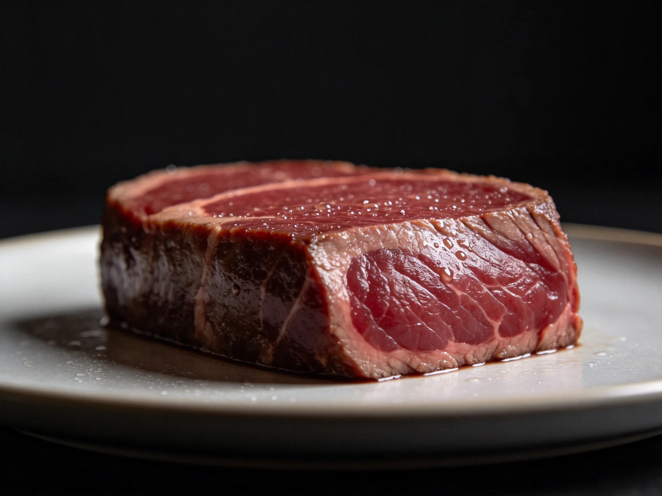 牛里脊肉呈现出鲜艳红色,肉质纹理清晰,放置在白色盘中。