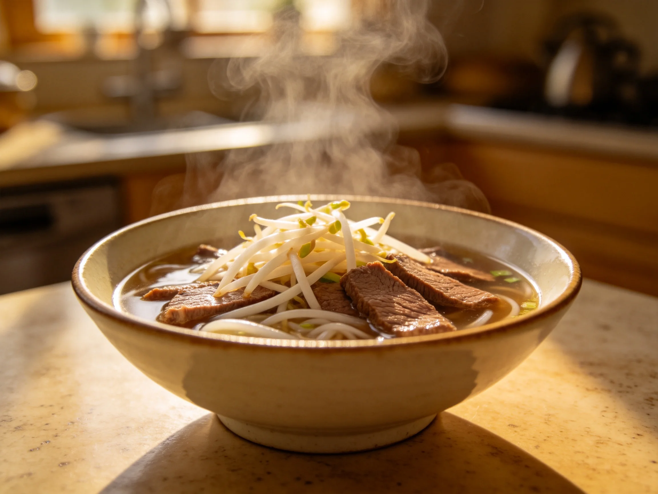 碗中的牛肉面汤冒着热气,面条洁白,牛肉红润,豆芽翠绿。