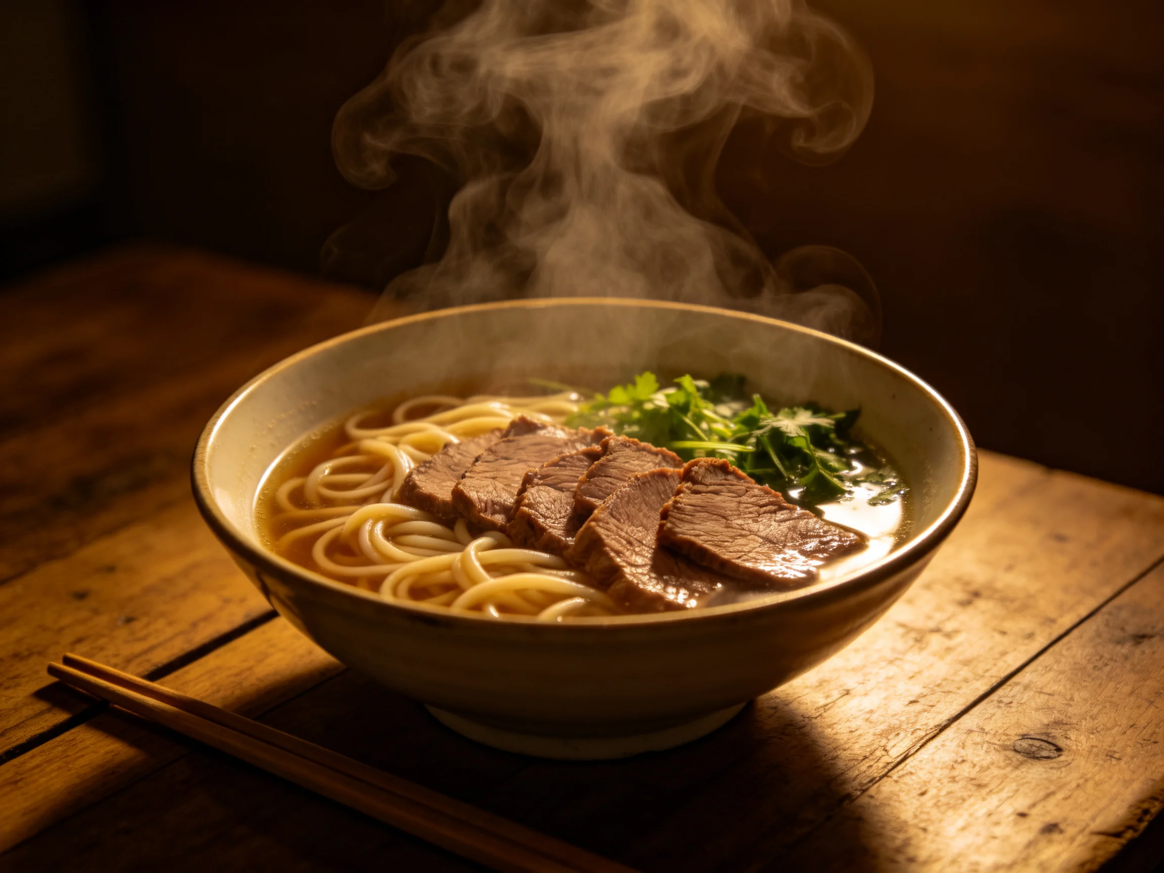 牛肉面碗内盛有牛肉片和面条,热气升腾,面条呈浅黄色,牛肉切片整齐排列。