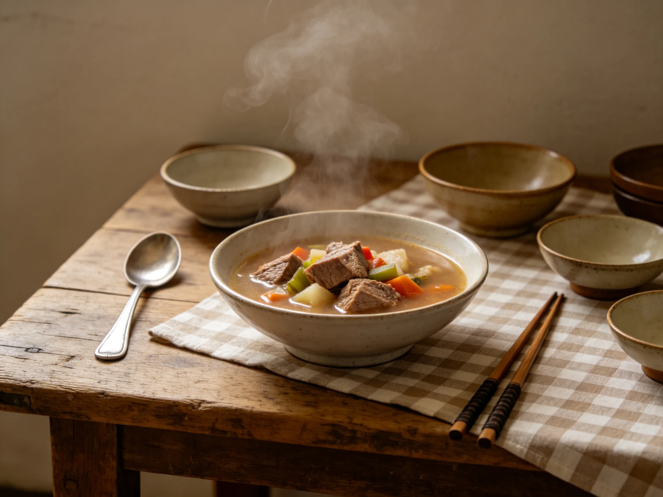 牛肉蔬菜汤正冒着热气,碗内可见牛肉块和多种蔬菜,蒸汽升腾显示汤很热。