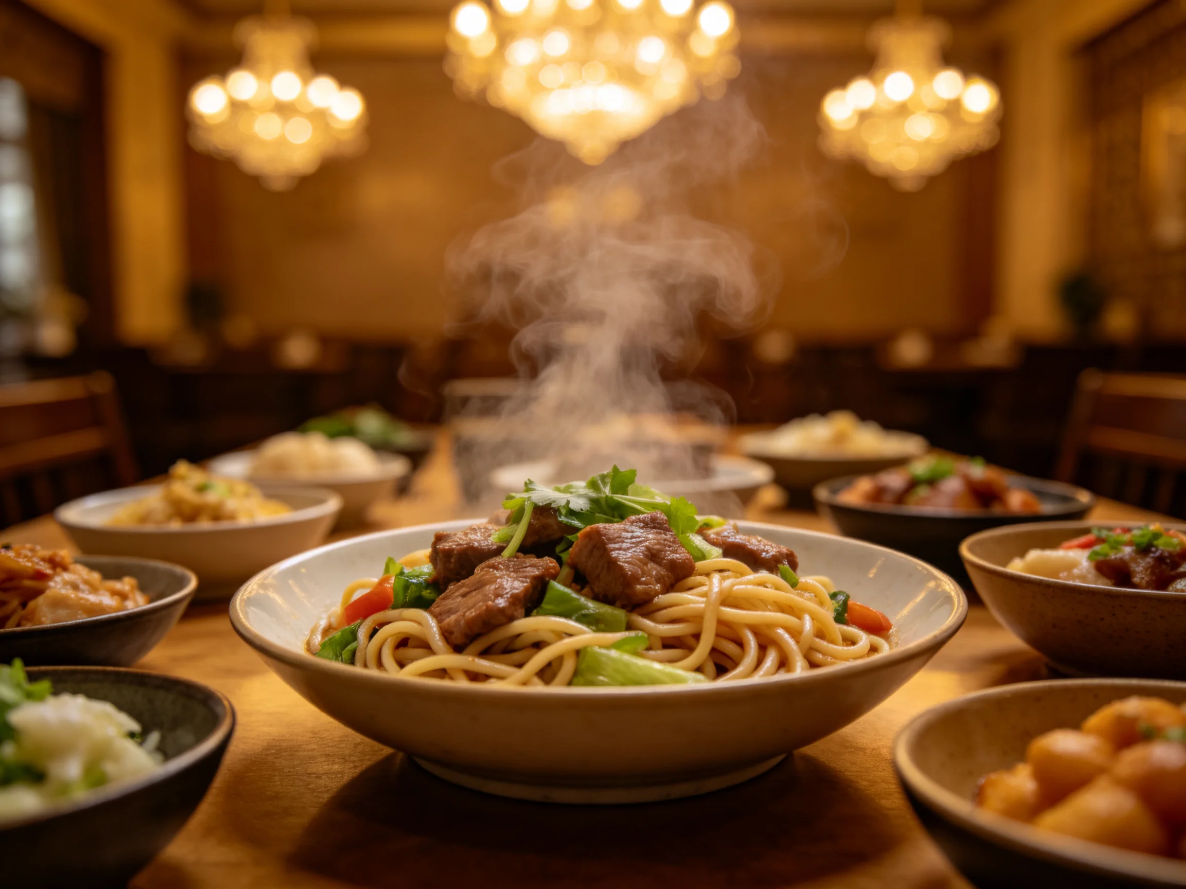 红烧牛肉面盛放在浅色碗中,面条金黄,牛肉红亮,正冒着热气。