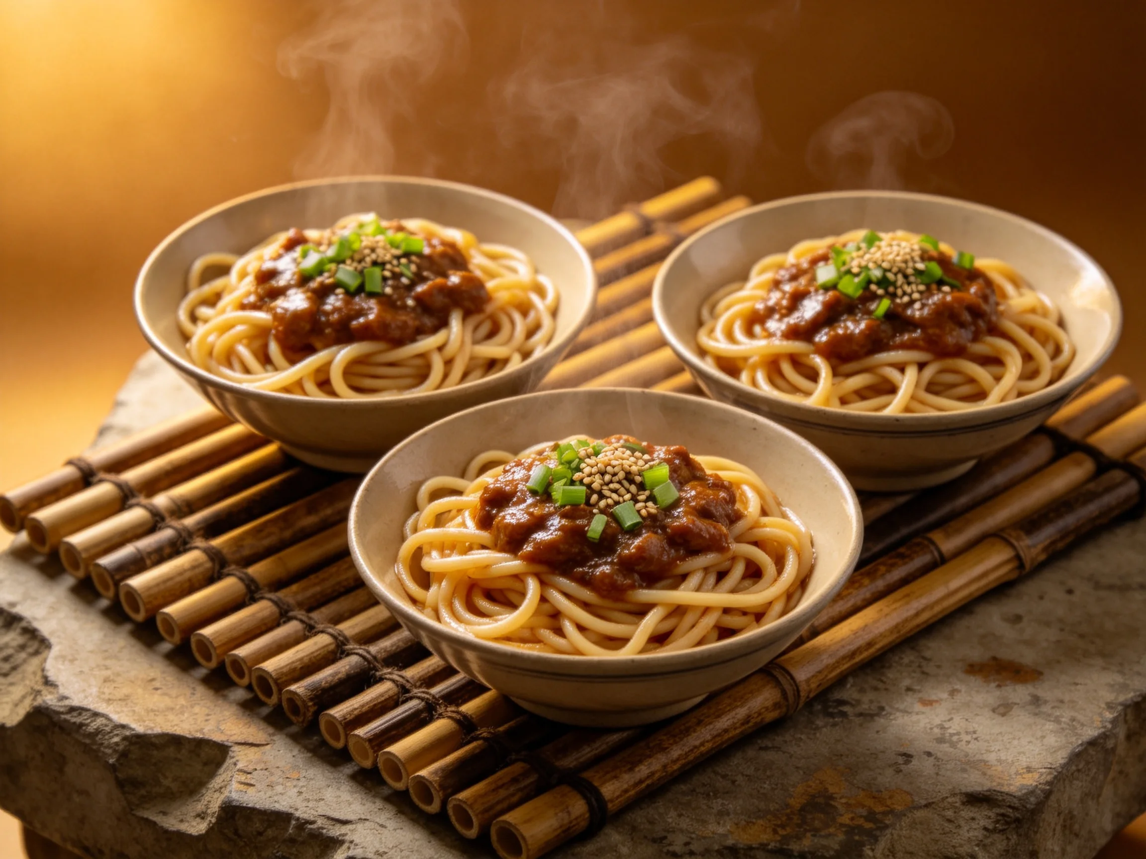 三碗酱香肉面盛于浅色碗中,面条金黄,肉酱红亮,点缀葱花芝麻,蒸汽升腾显示食物温度。