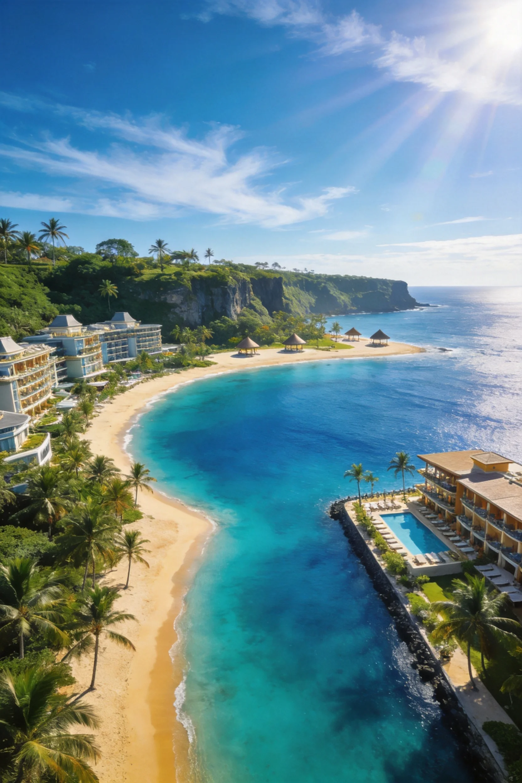 热带滨海度假胜地风光,沙滩上铺着金黄细沙,海水呈现澄澈蓝绿色,酒店建筑与环境共存。