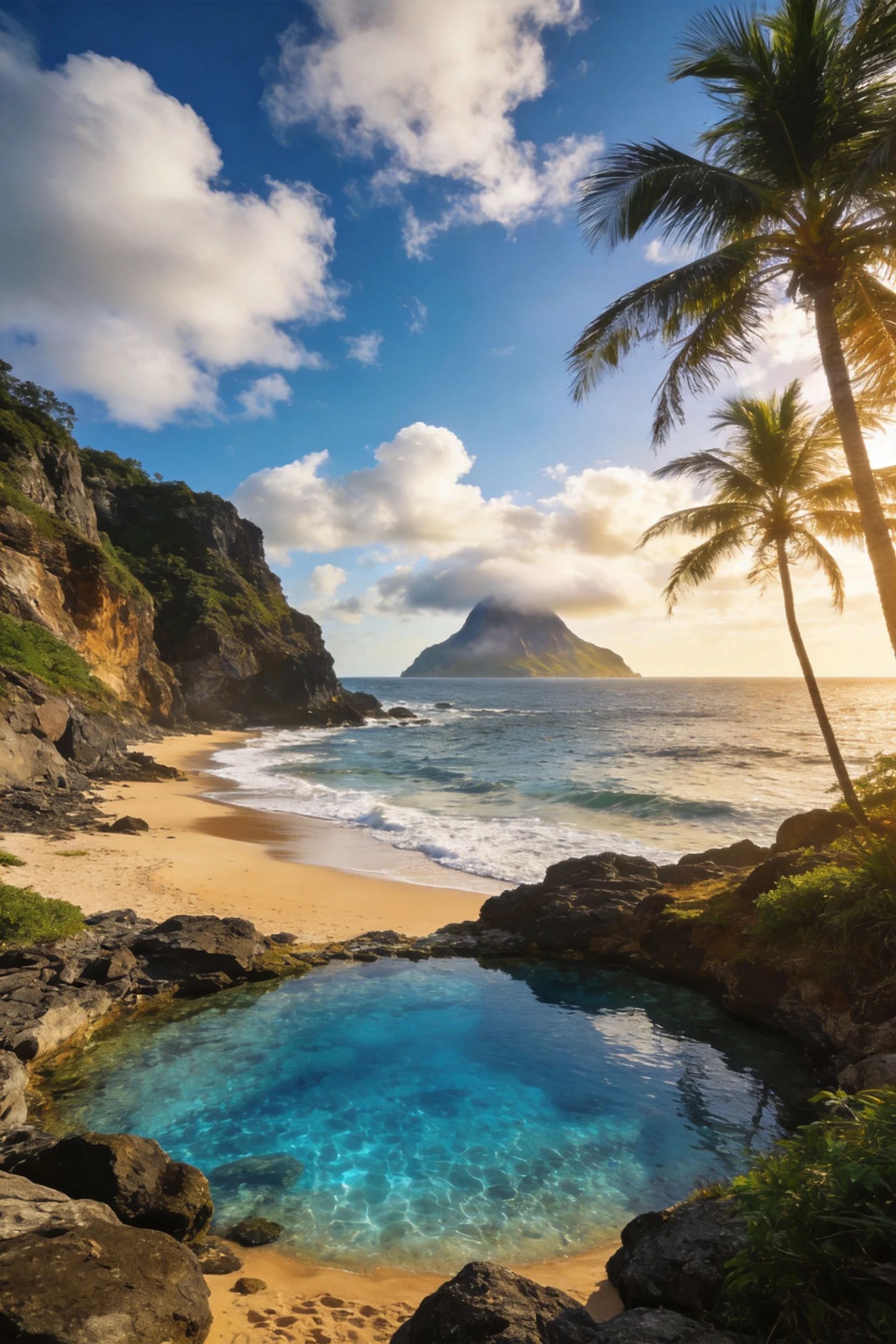 滨海岩滩上有清澈的蓝色水池,池水透明能看到底部,周围是形态各异的黑色岩石,远处是山岛和蓝天。