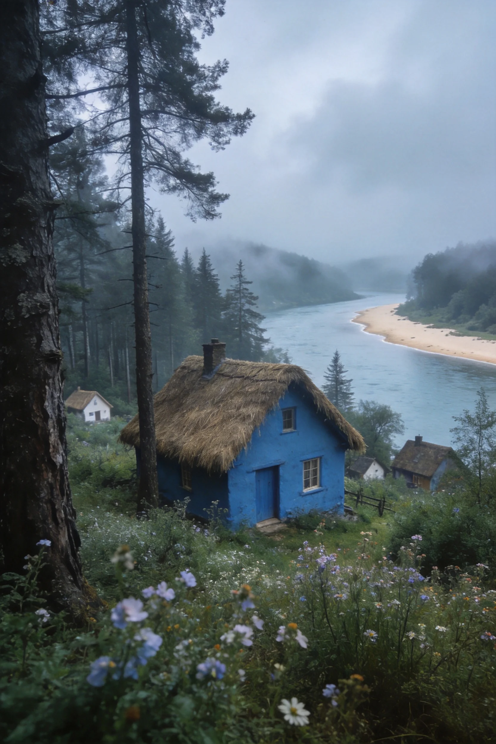 茅草顶蓝色乡村小屋,外墙为亮蓝色,茅草屋顶呈浅棕色,周围环绕茂密林木与各色野花,背景可见蜿蜒河流与沙滩。