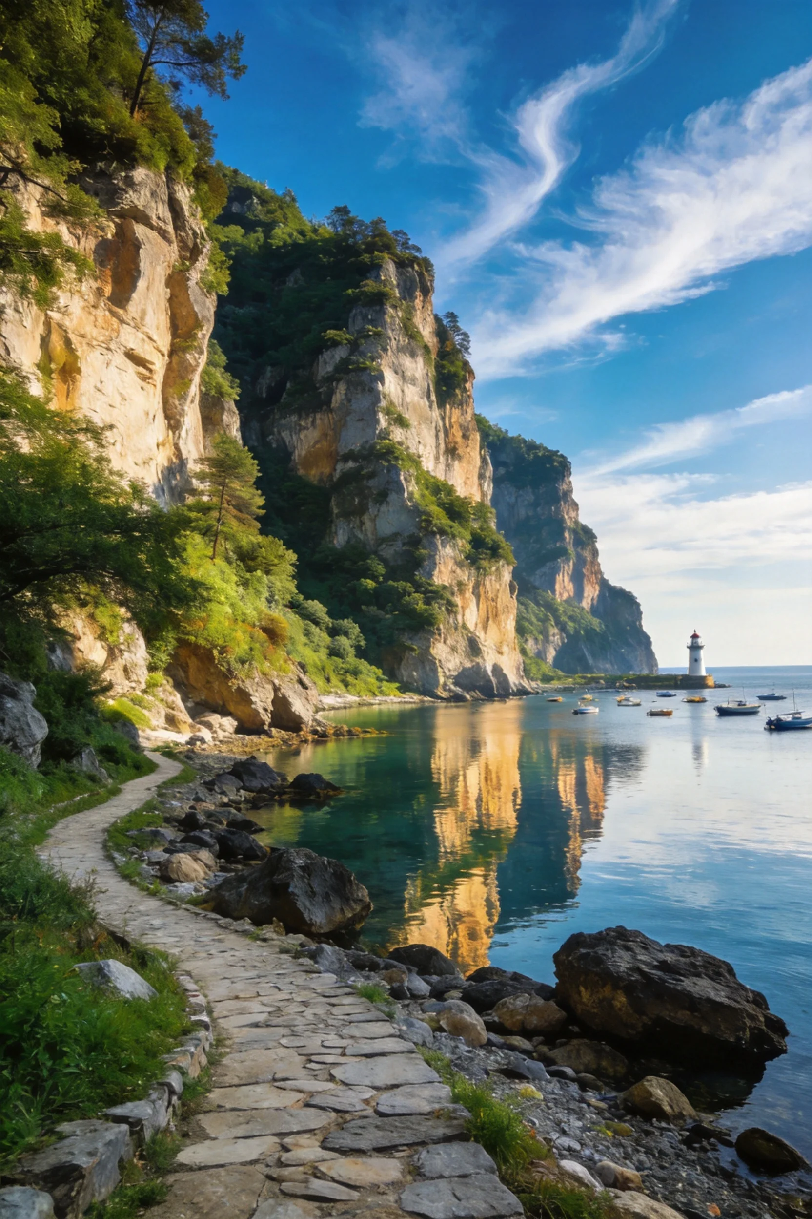 海岸悬崖景观中,石板小径沿崖边延伸,远处灯塔矗立在水面上,海水清澈倒映岩壁。