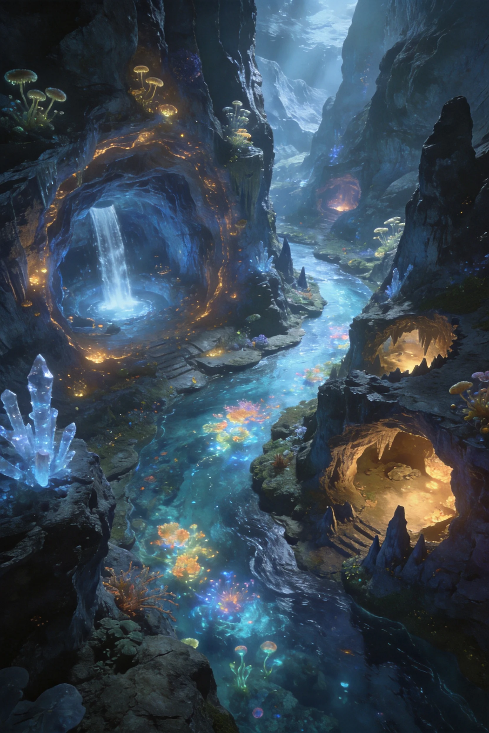 神奇发光水晶洞穴峡谷景观,画面中有清澈的蓝色水流,水流周围环绕着闪烁的金色光芒,左侧有大型透明水晶结构,表面折射出美丽光线。
