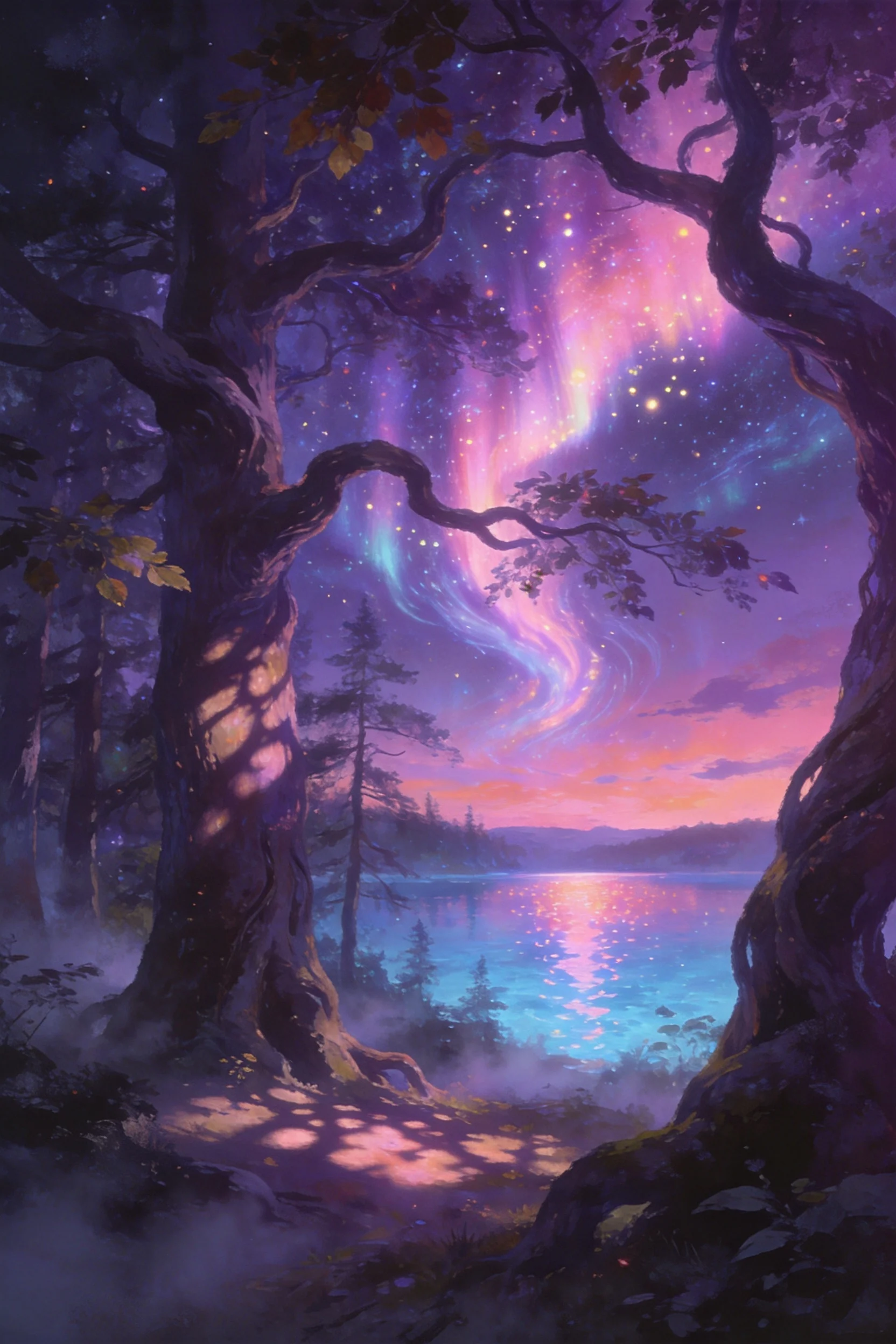 魔幻森林湖畔星空景观中,古老巨树的树皮纹理清晰,阳光透过枝叶洒下斑驳光影,天空中绚丽的极光状彩云与湖面倒影交相辉映。
