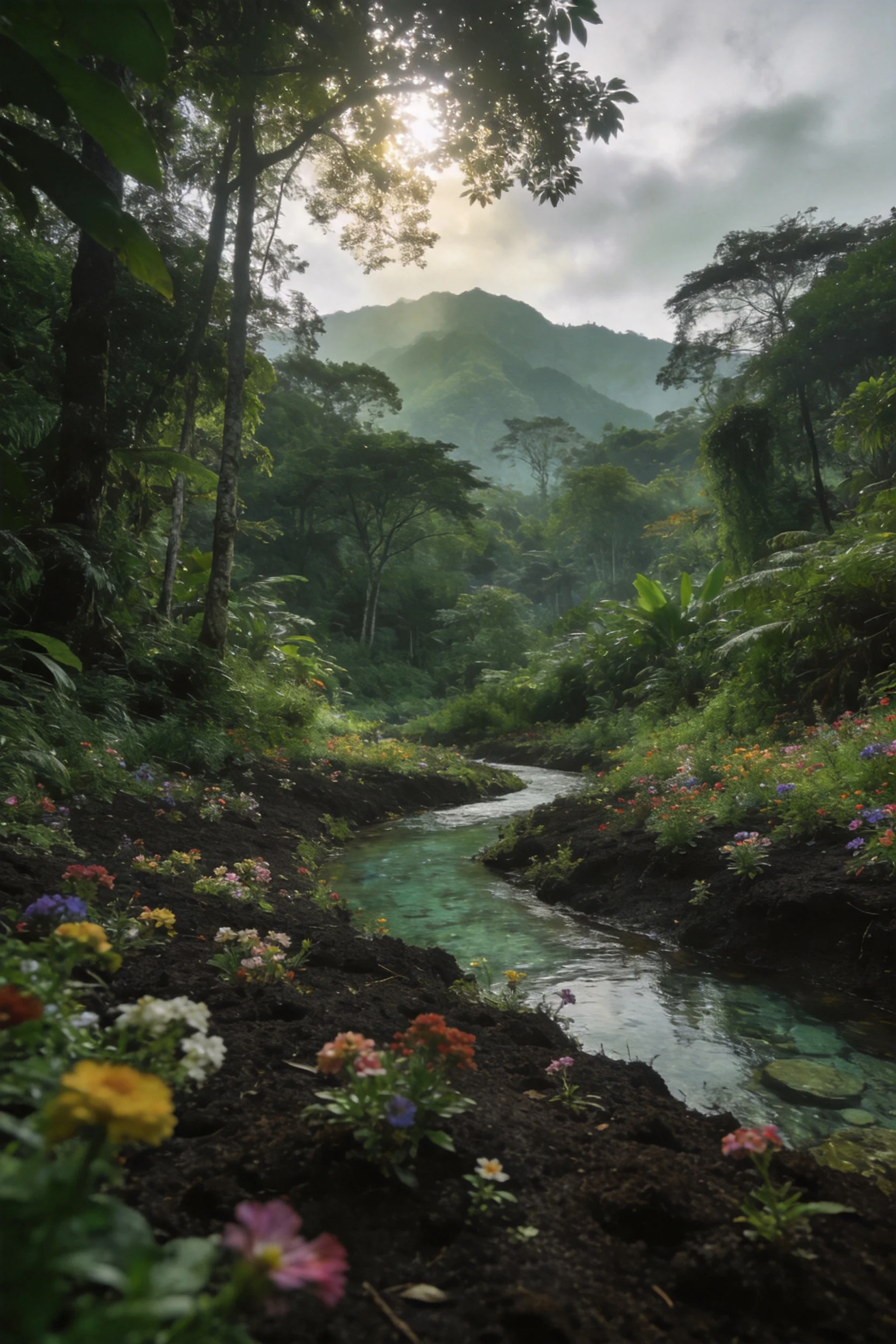 雨林溪谷中，彩色野花生长在黑色土壤旁，清澈溪水蜿蜒流淌，水面呈现青绿色。