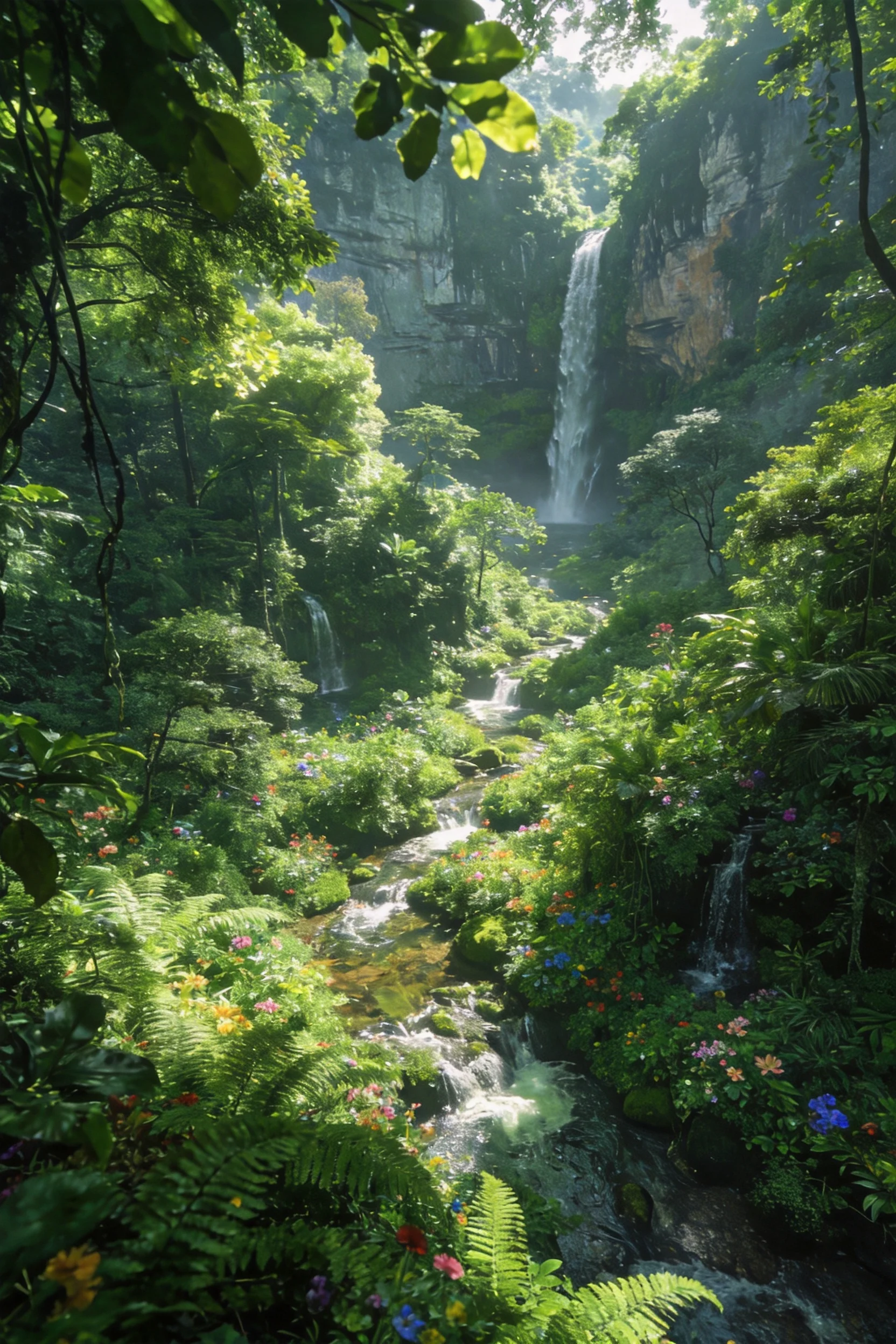 喀斯特森林瀑布景观中,水流清澈透明,周围生长着多种蕨类植物与彩色野花,阳光透过枝叶形成斑驳光影。