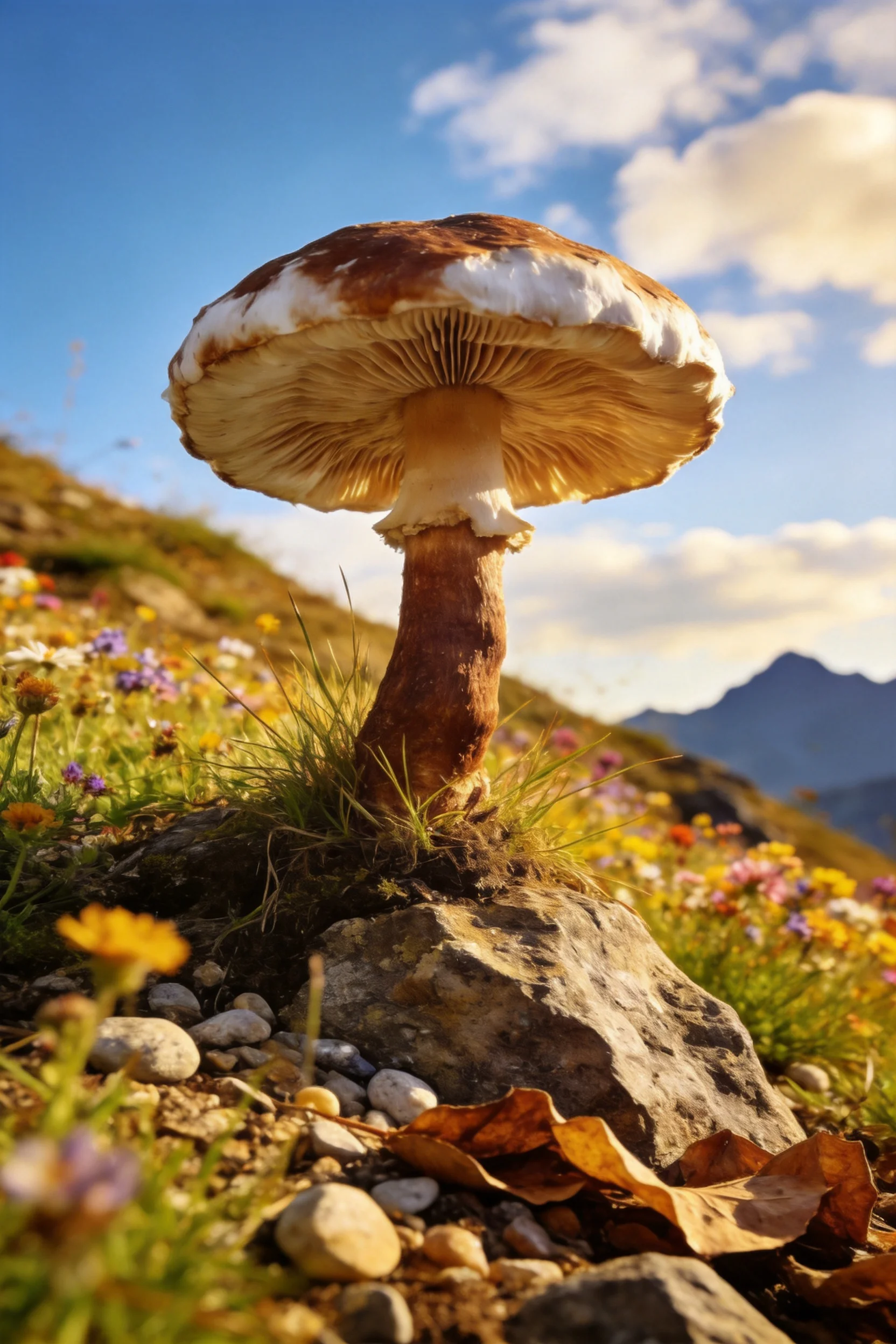图中是一朵生长在高海拔地区的牛肝菌,菌盖棕白相间,菌柄粗壮,周围环绕着彩色野花与石块。